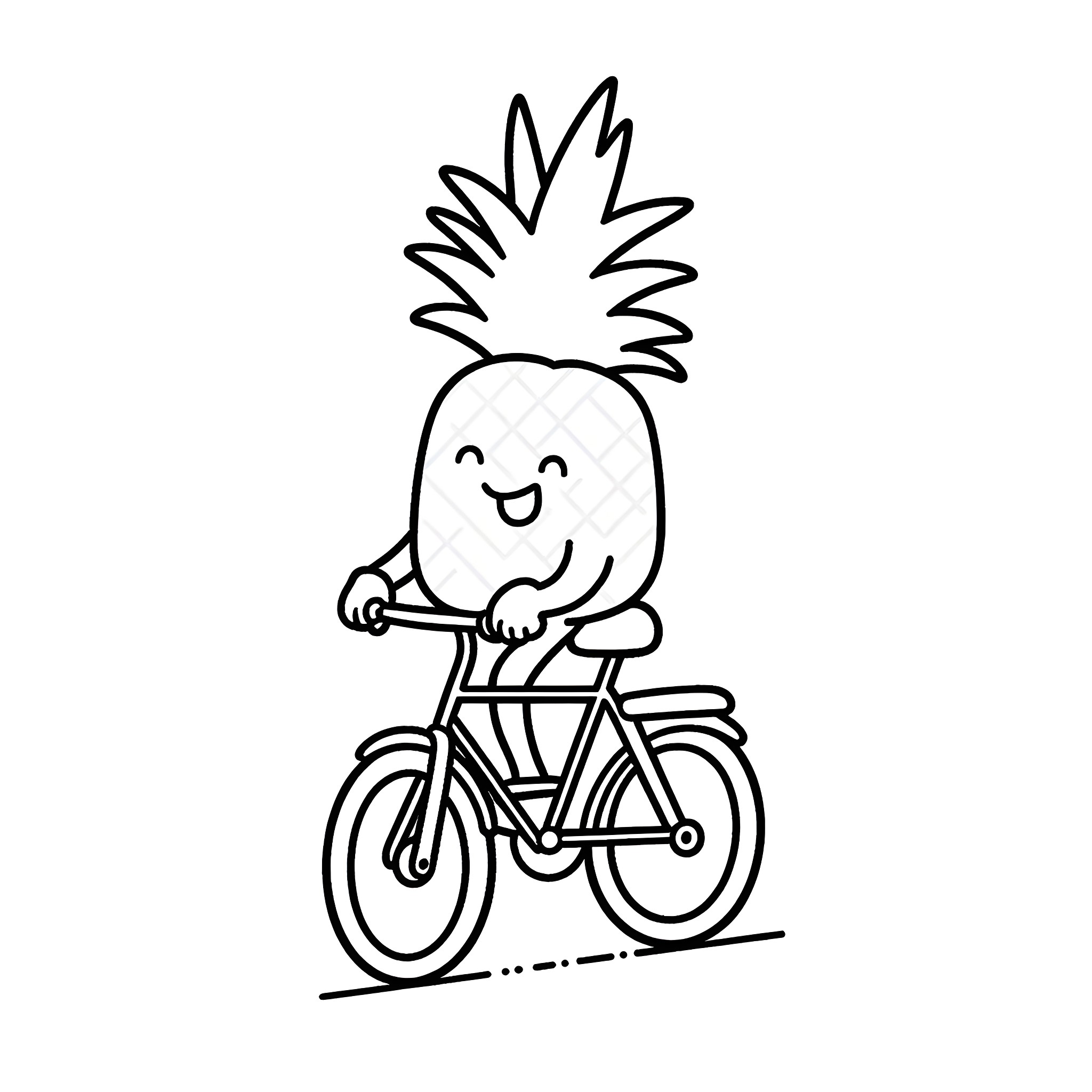 Pineapple riding a bicycle happily Coloring Page (free black-and-white line drawing printable PDF for all, from beginners to advanced learners, including children, teens, adults, and seniors)