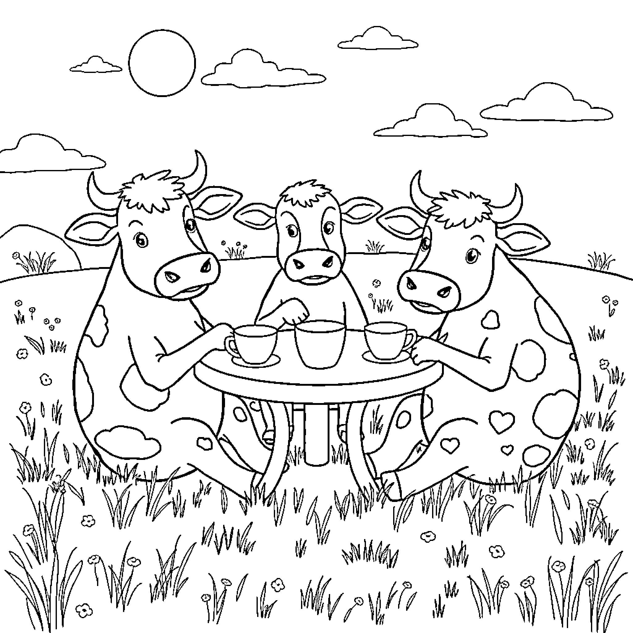 Cows enjoying tea party in pastoral scene Coloring Page (free black-and-white line drawing printable PDF for all, from beginners to advanced learners, including children, teens, adults, and seniors)