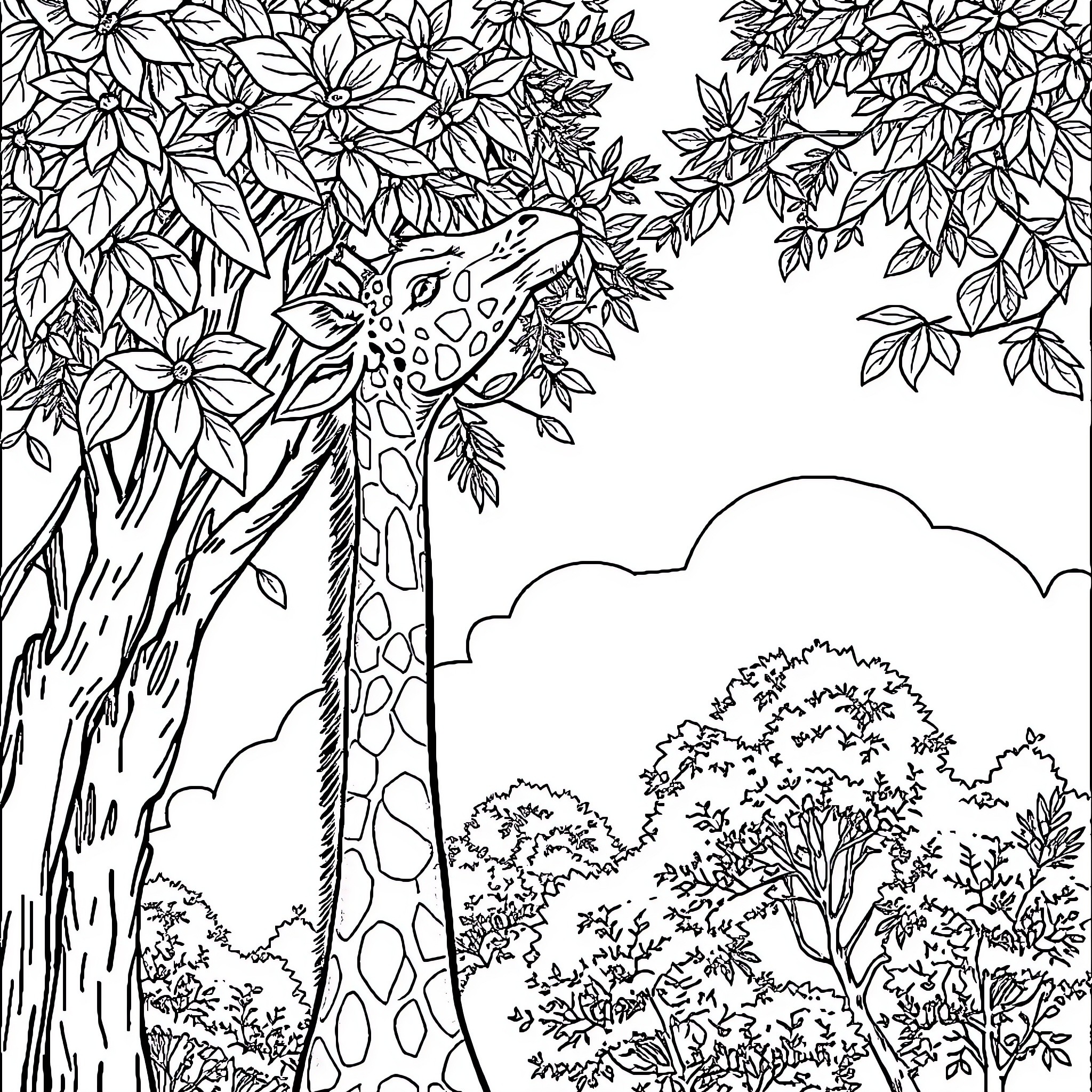 Giraffe in a Flourishing Forest Coloring Page (free black-and-white line drawing printable PDF for all, from beginners to advanced learners, including children, teens, adults, and seniors)