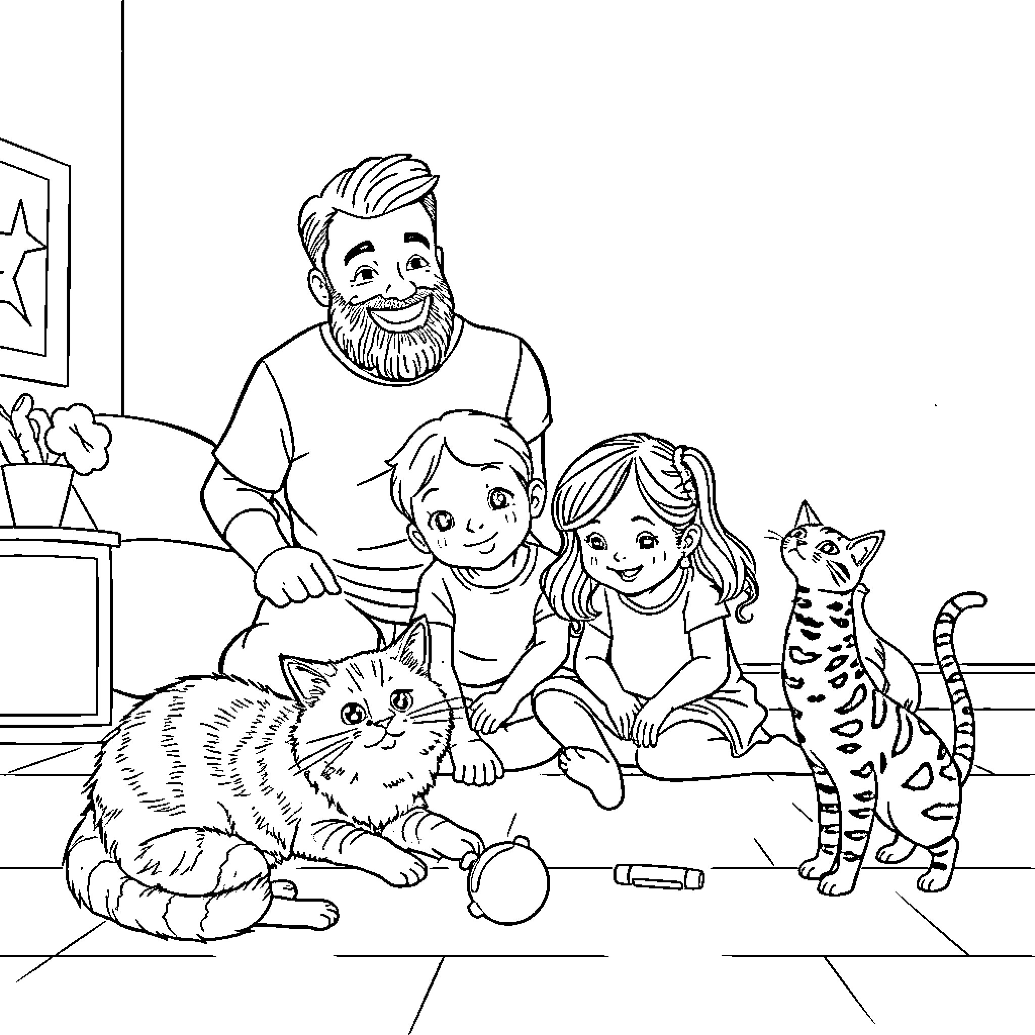 Family enjoying time together with pets Coloring Page (free black-and-white line drawing printable PDF for all, from beginners to advanced learners, including children, teens, adults, and seniors)