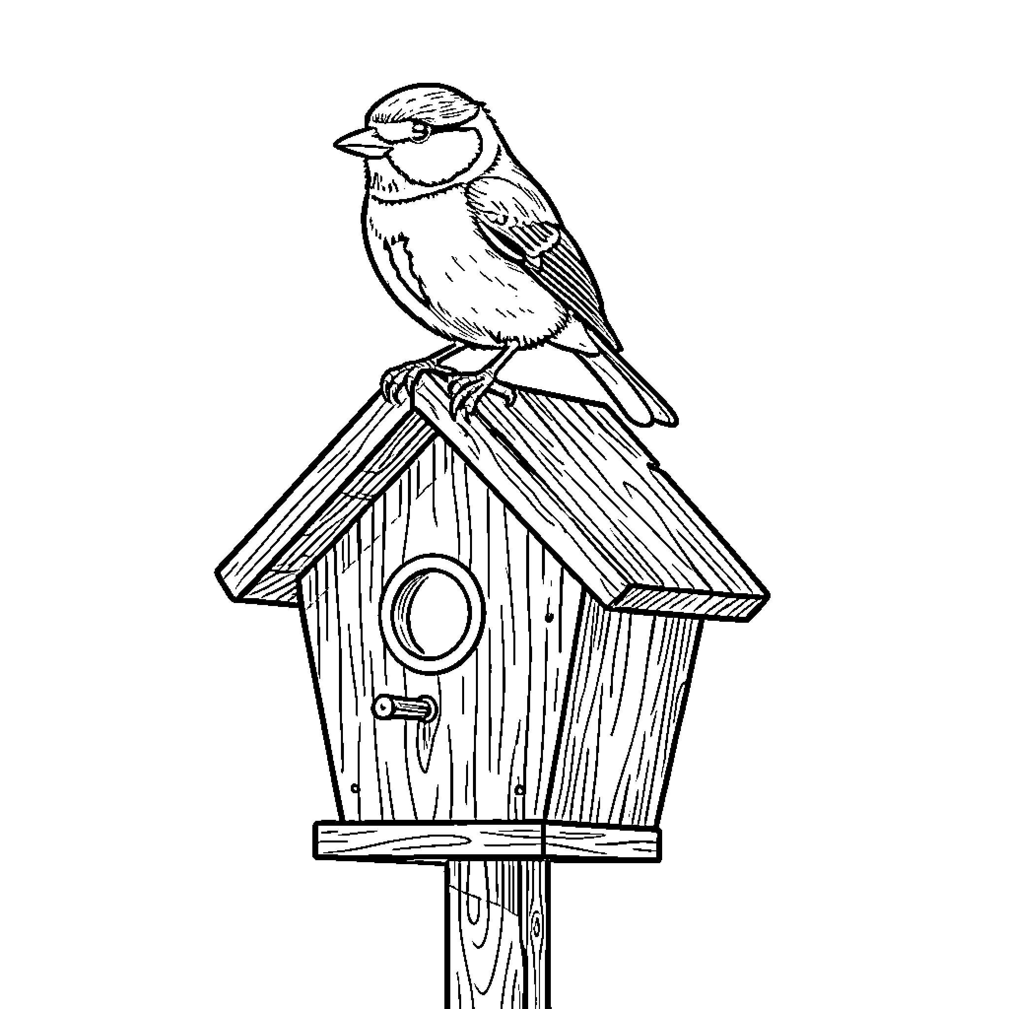 Mésange perching atop a small wooden birdhouse Coloring Page (free black-and-white line drawing printable PDF for all, from beginners to advanced learners, including children, teens, adults, and seniors)