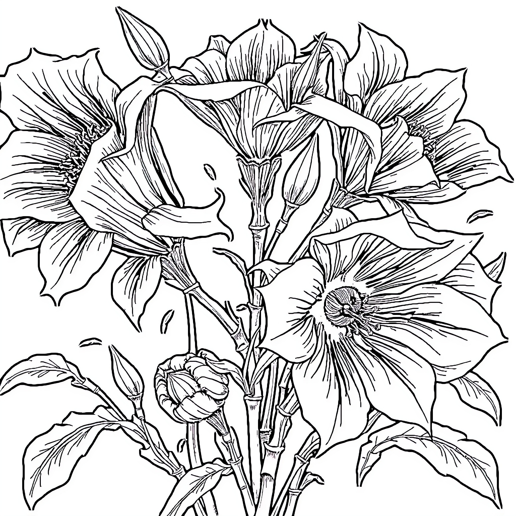 Flower Bouquet in Monochrome Style Coloring Page (free black-and-white line drawing printable PDF for all, from beginners to advanced learners, including children, teens, adults, and seniors)