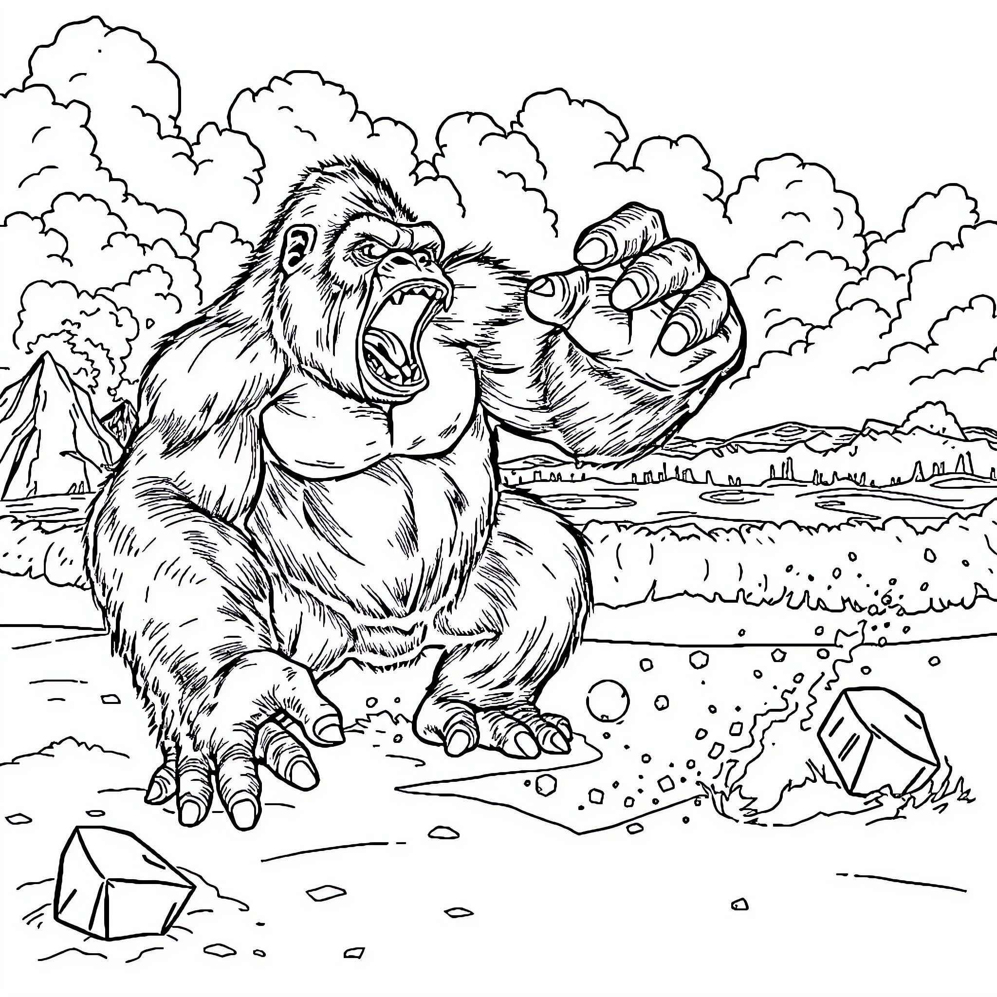 Gorilla roaring aggressively in a natural setting Coloring Page (free black-and-white line drawing printable PDF for all, from beginners to advanced learners, including children, teens, adults, and seniors)