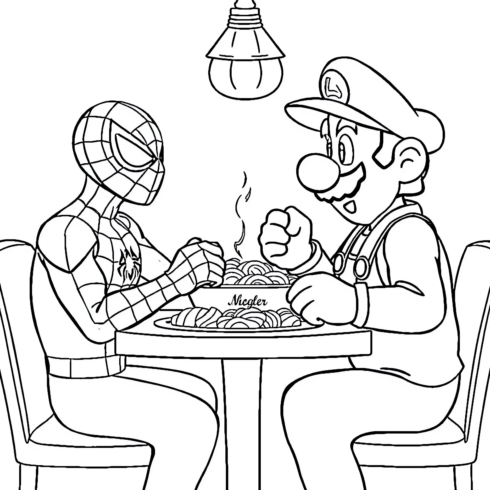 Spiderman and Mario enjoy a meal together Coloring Page (free black-and-white line drawing printable PDF for all, from beginners to advanced learners, including children, teens, adults, and seniors)