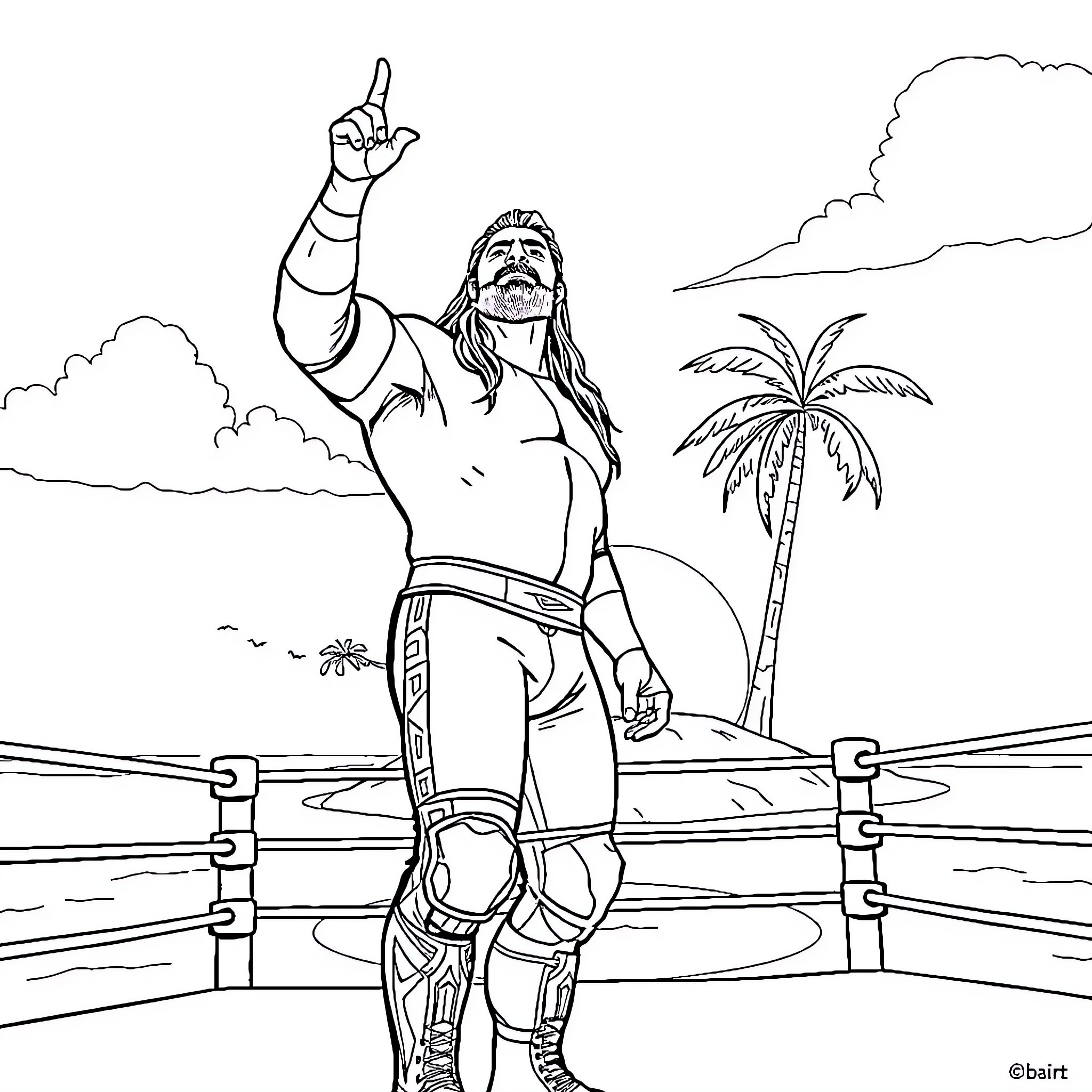 Roman Reigns Raising His Fist in Victory Coloring Page (free black-and-white line drawing printable PDF for all, from beginners to advanced learners, including children, teens, adults, and seniors)