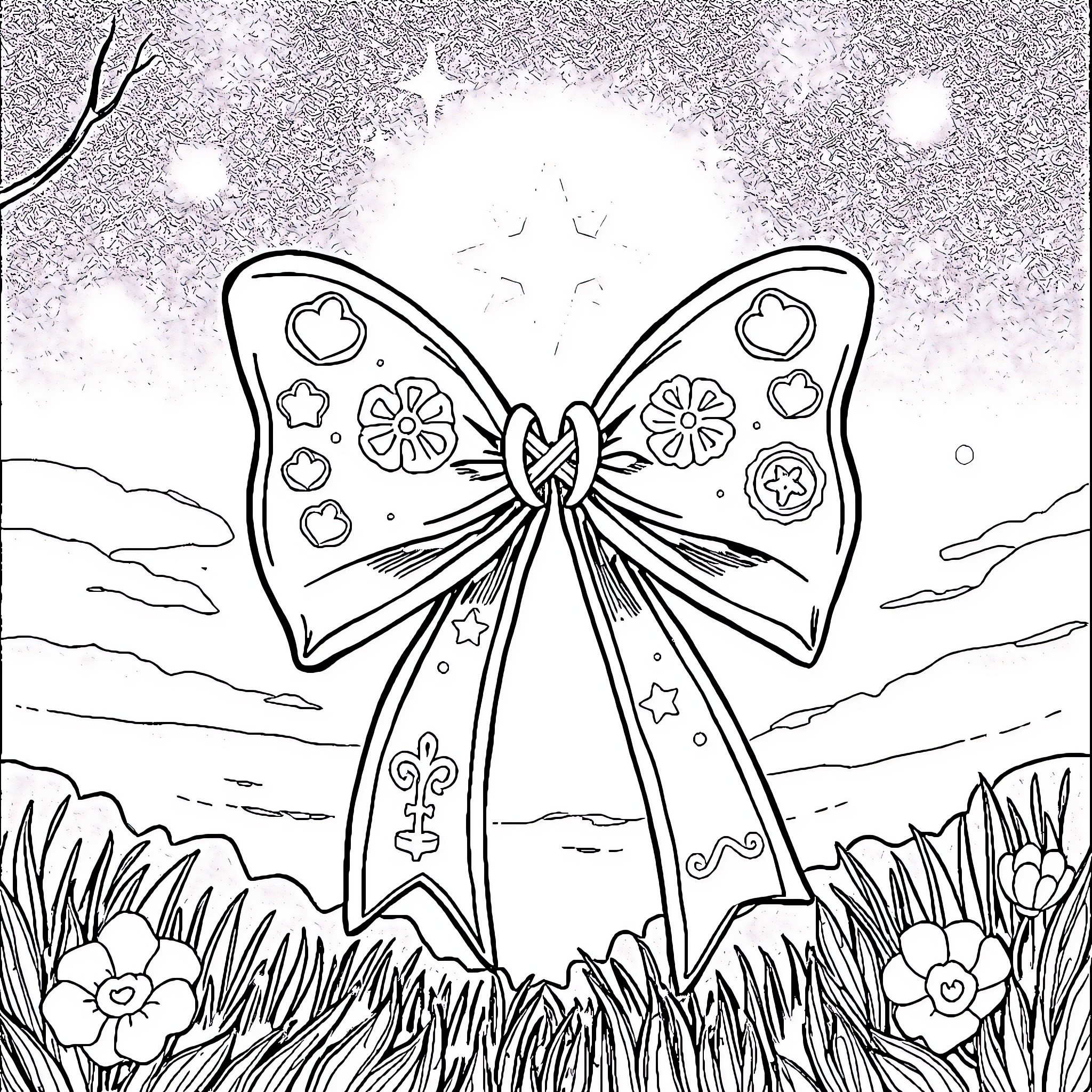 Bow-shaped Decorative Ornament in Winter Landscape Coloring Page (free black-and-white line drawing printable PDF for all, from beginners to advanced learners, including children, teens, adults, and seniors)