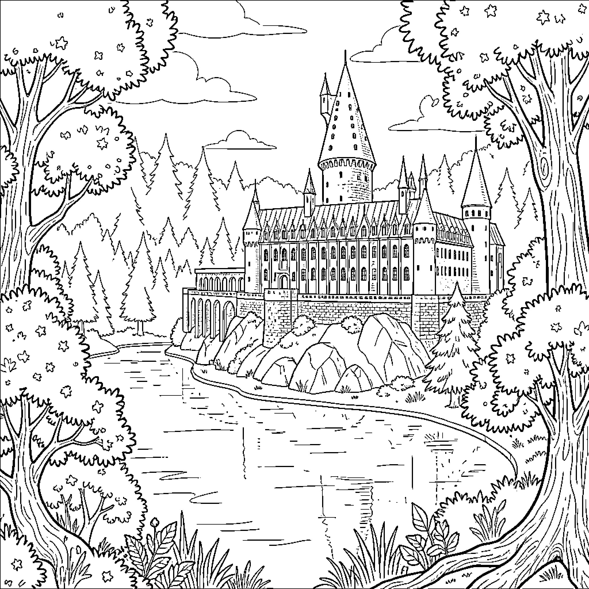 Hogwarts Castle in Magical Landscape Coloring Page (free black-and-white line drawing printable PDF for all, from beginners to advanced learners, including children, teens, adults, and seniors)