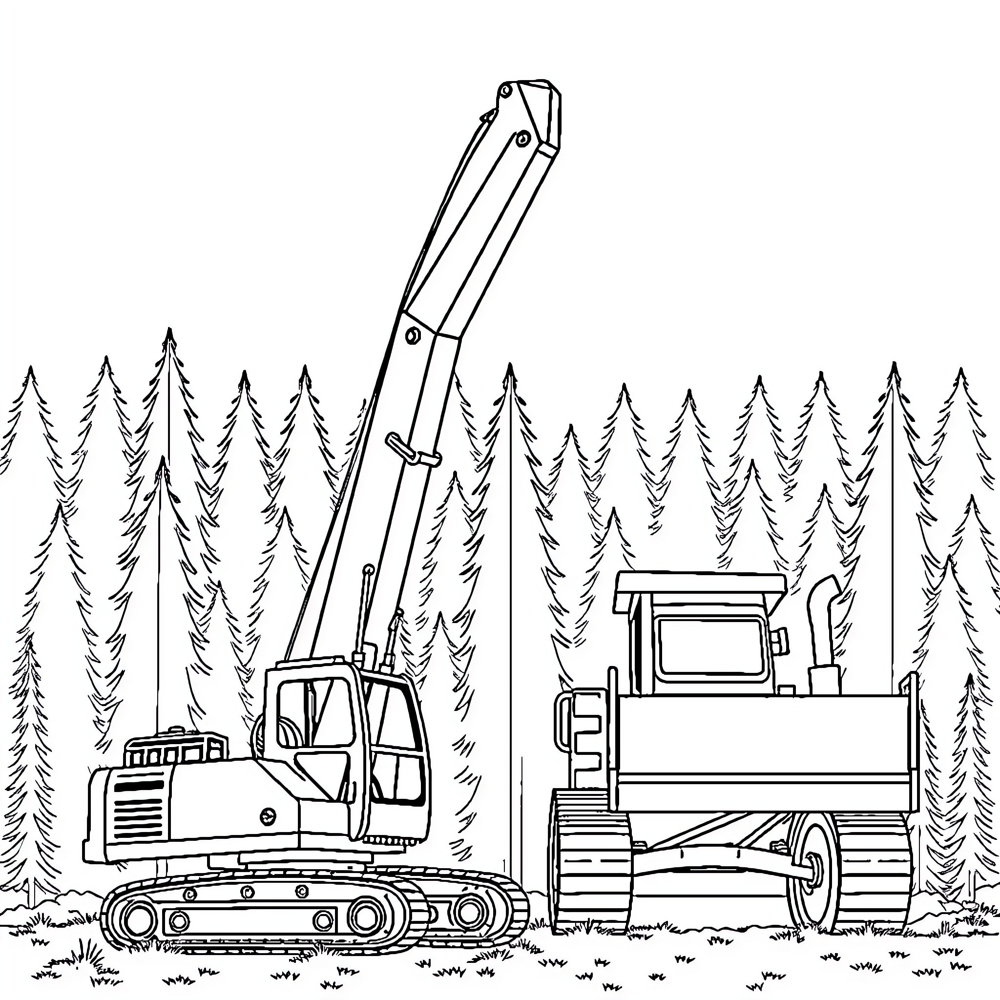 Excavator working in the forest with a truck Coloring Page (free black-and-white line drawing printable PDF for all, from beginners to advanced learners, including children, teens, adults, and seniors)