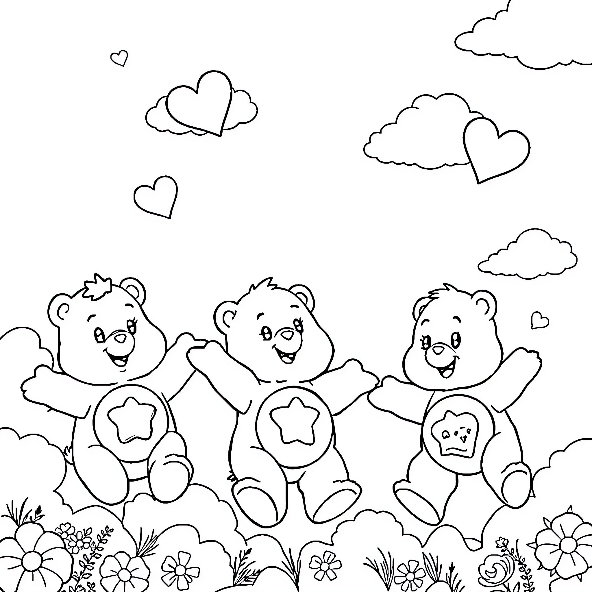 Carebear Friends Enjoying a Sunny Day Outdoors Coloring Page (free black-and-white line drawing printable PDF for all, from beginners to advanced learners, including children, teens, adults, and seniors)