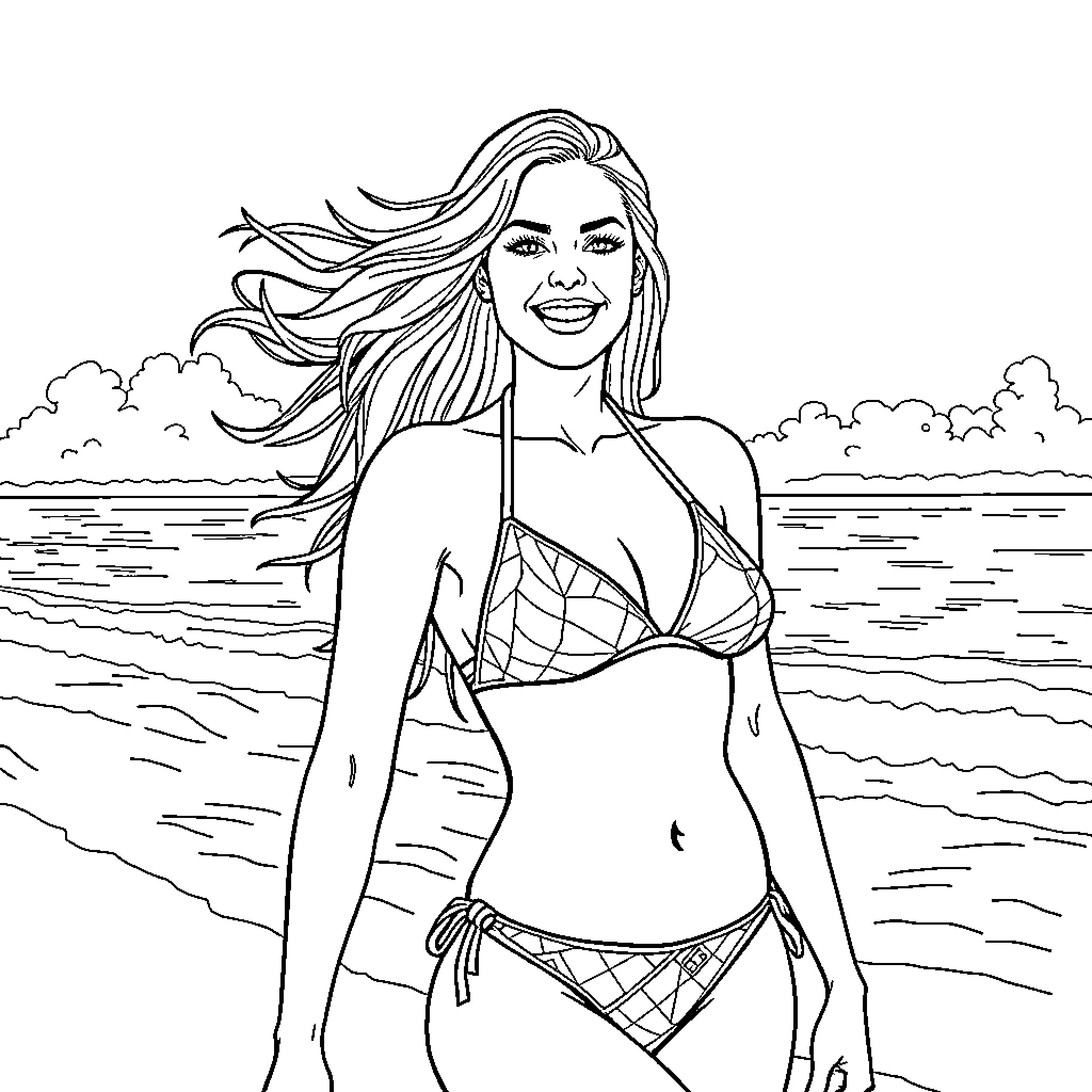 Lady enjoying a day at the beach Coloring Page (free black-and-white line drawing printable PDF for all, from beginners to advanced learners, including children, teens, adults, and seniors)