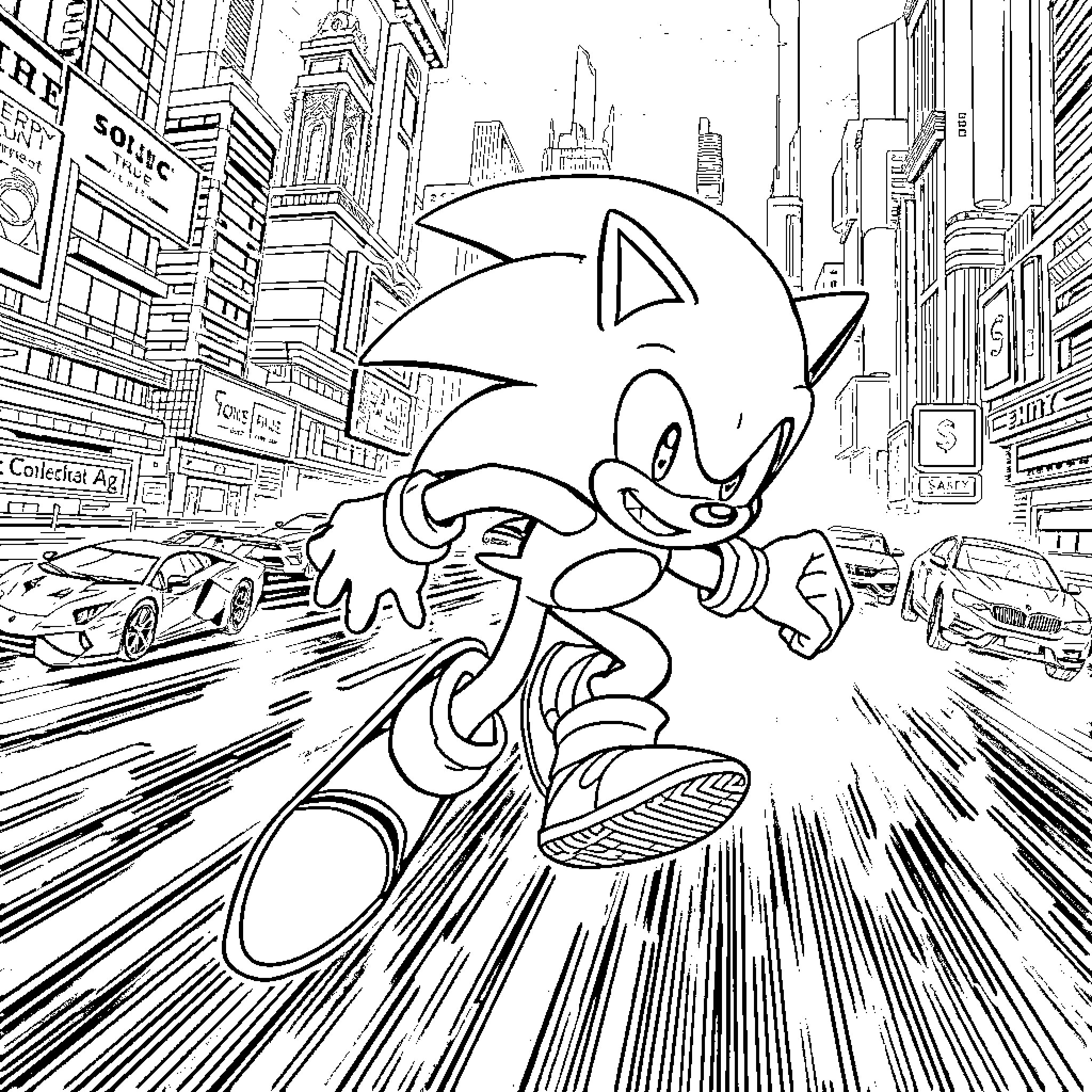 Sonic racing through the busy city streets Coloring Page (free black-and-white line drawing printable PDF for all, from beginners to advanced learners, including children, teens, adults, and seniors)