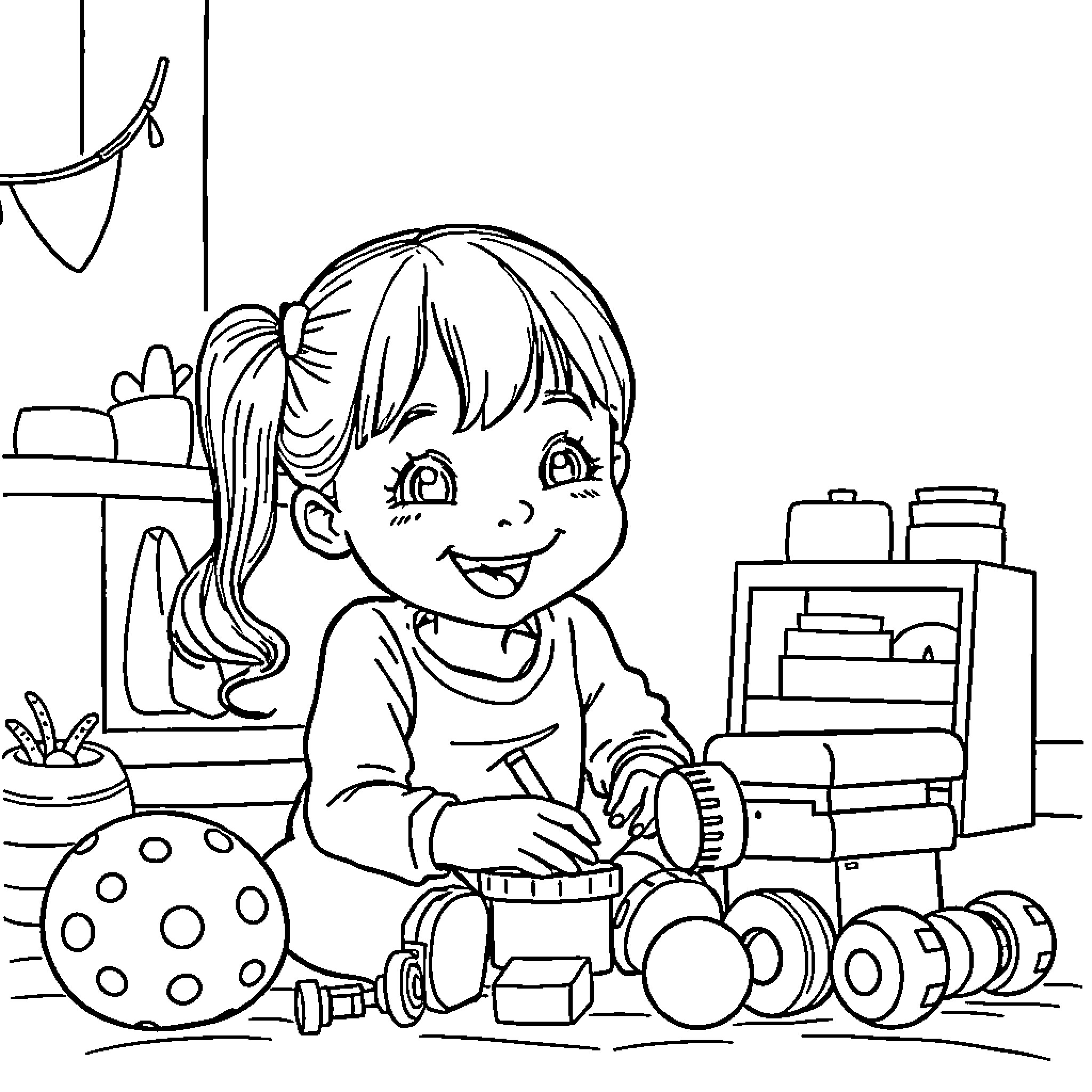 Girl playing joyfully with toys in her room Coloring Page (free black-and-white line drawing printable PDF for all, from beginners to advanced learners, including children, teens, adults, and seniors)