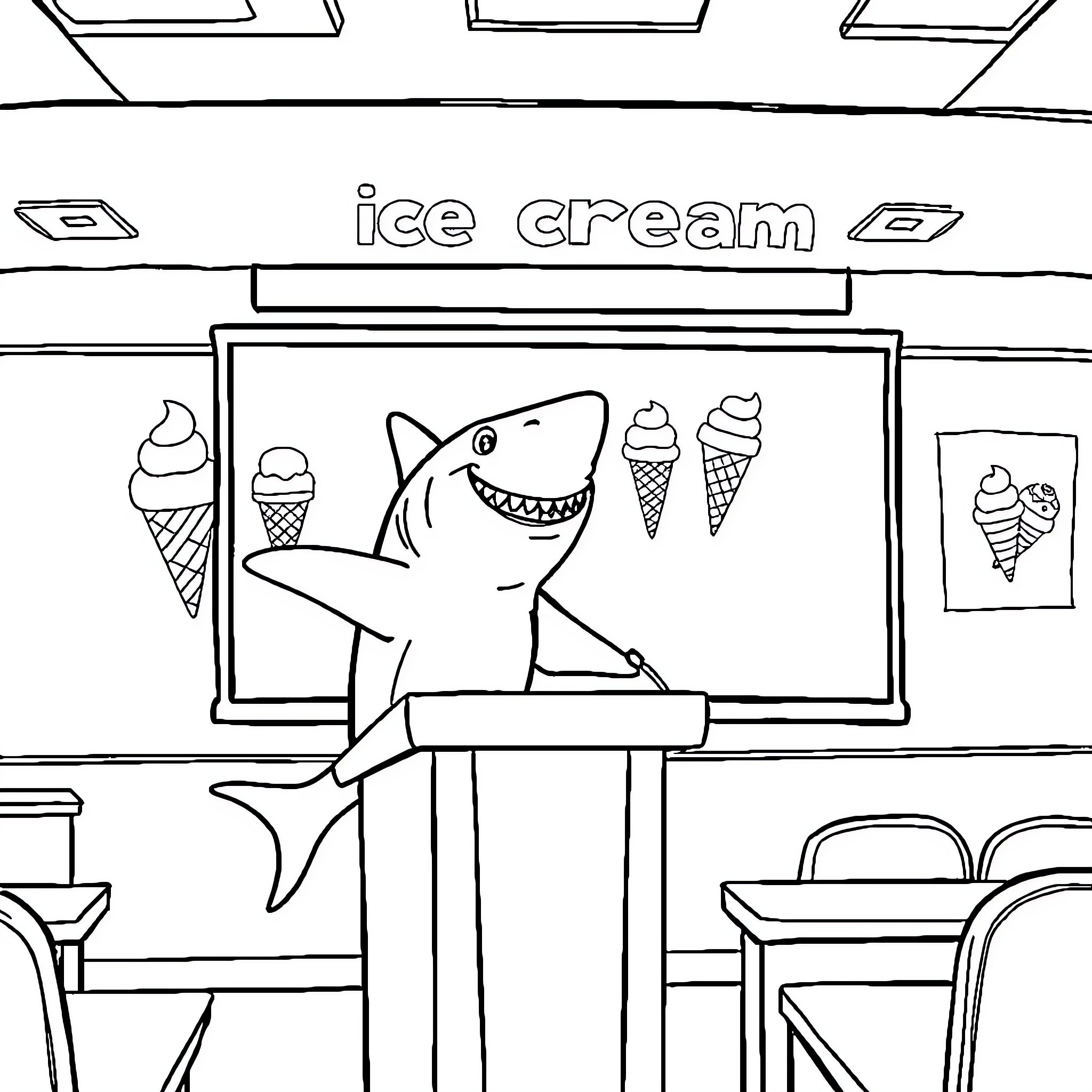 Shark selling ice cream in a shop Coloring Page (free black-and-white line drawing printable PDF for all, from beginners to advanced learners, including children, teens, adults, and seniors)