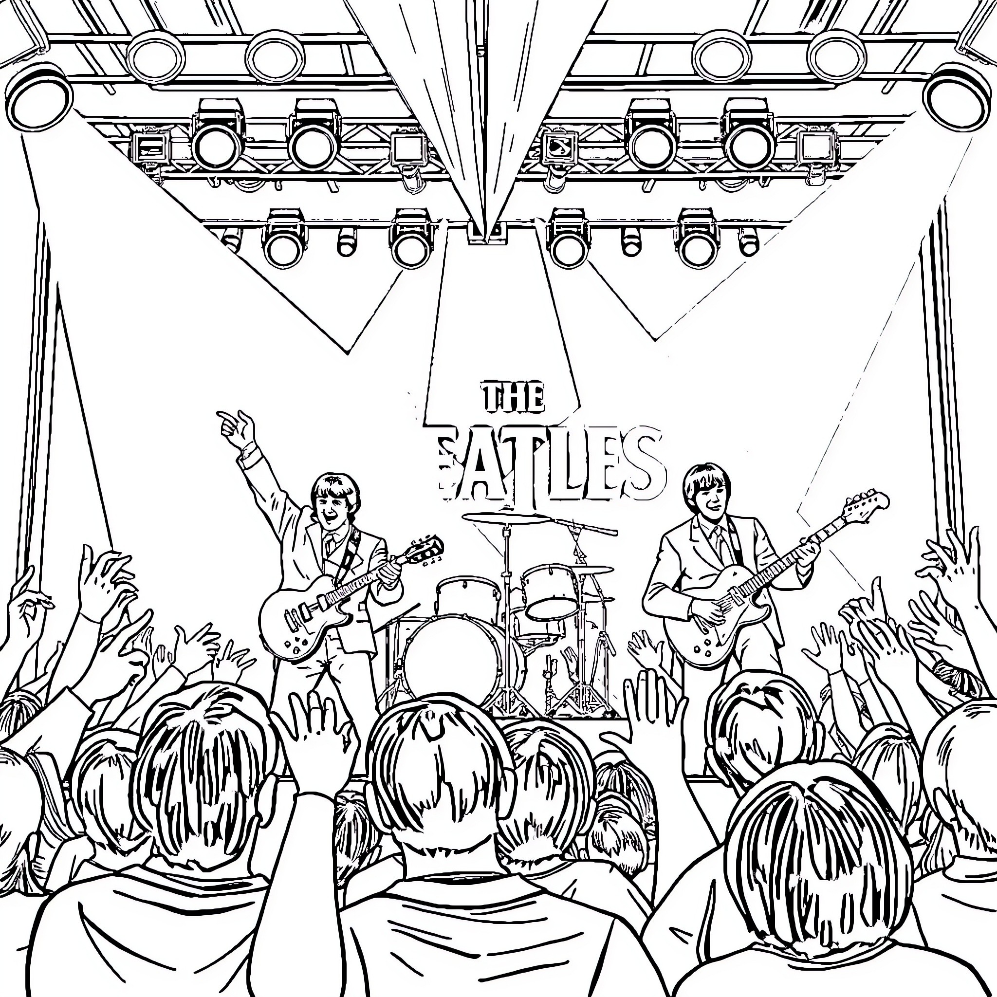The Beatles Performing on Stage with Cheering Crowd Coloring Page (free black-and-white line drawing printable PDF for all, from beginners to advanced learners, including children, teens, adults, and seniors)