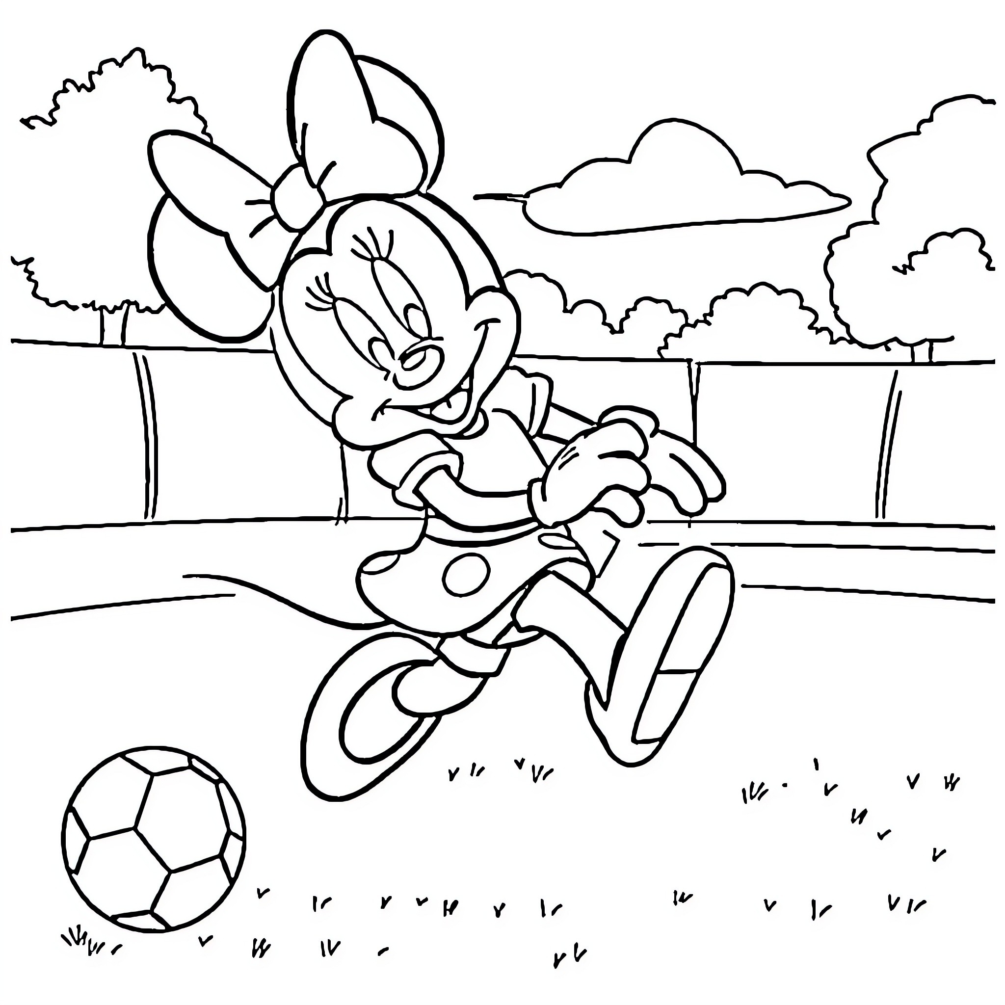 Minnie Playing with Soccer Ball in Park Coloring Page (free black-and-white line drawing printable PDF for all, from beginners to advanced learners, including children, teens, adults, and seniors)