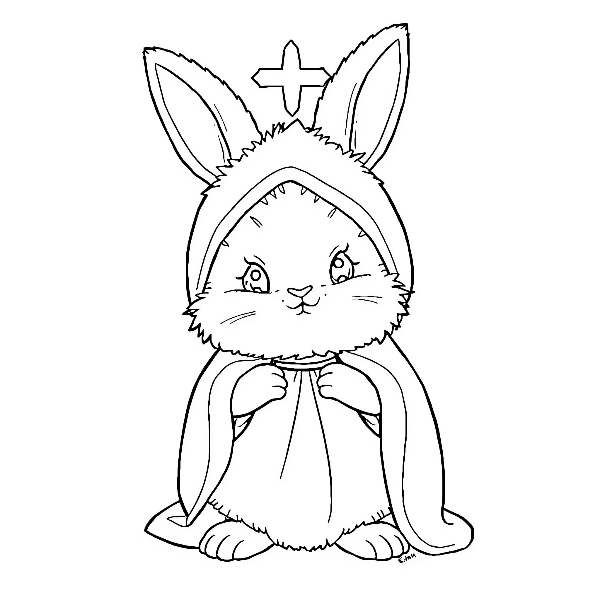 Bunny wearing religious attire Coloring Page (free black-and-white line drawing printable PDF for all, from beginners to advanced learners, including children, teens, adults, and seniors)