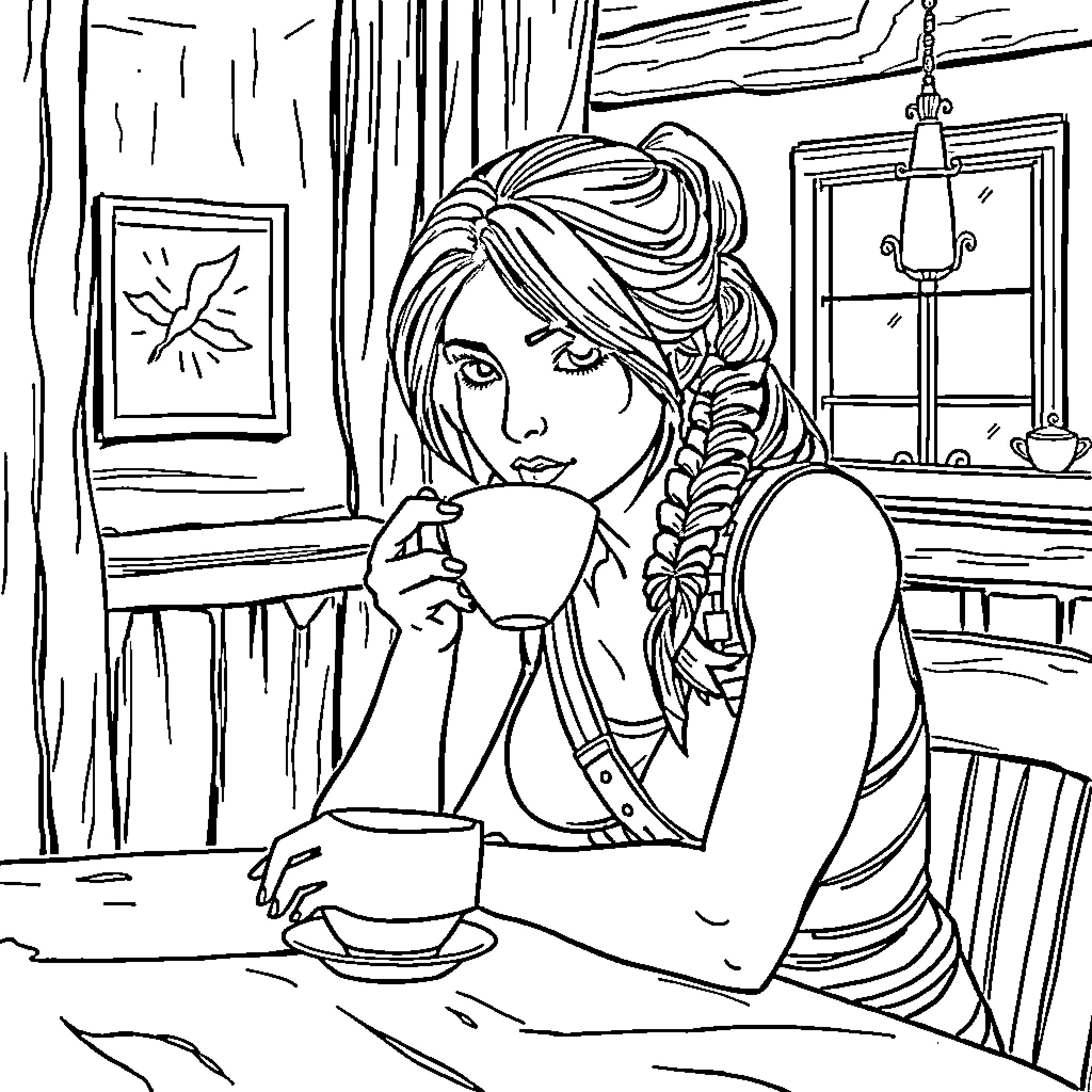 Lara Croft relaxing with a cup of tea in a cozy cabin Coloring Page (free black-and-white line drawing printable PDF for all, from beginners to advanced learners, including children, teens, adults, and seniors)