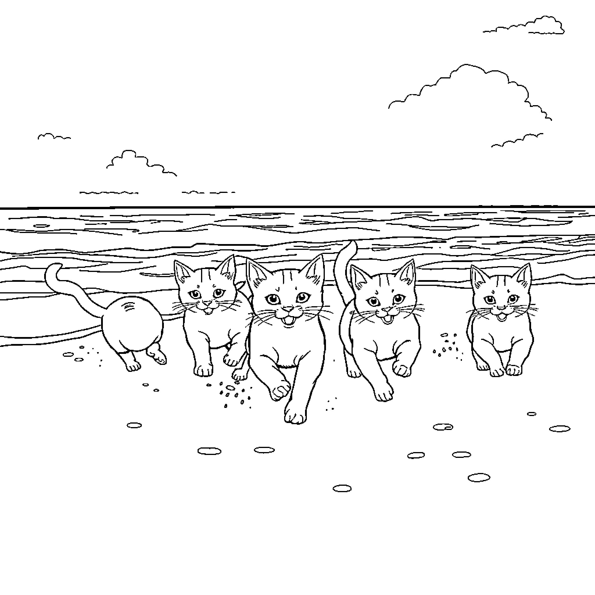 Cat kittens playing on the beach Coloring Page (free black-and-white line drawing printable PDF for all, from beginners to advanced learners, including children, teens, adults, and seniors)
