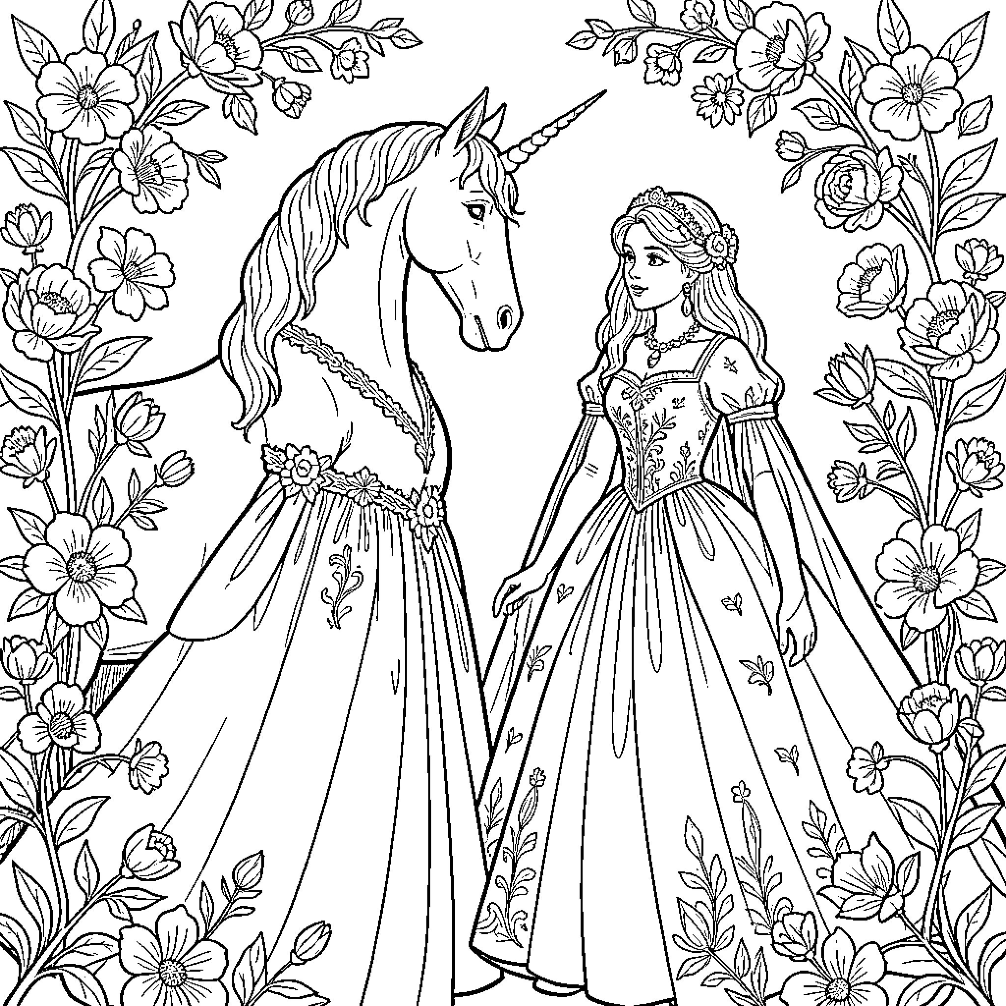 Unicorn and Enchanted Princess in Floral Garden Coloring Page (free black-and-white line drawing printable PDF for all, from beginners to advanced learners, including children, teens, adults, and seniors)