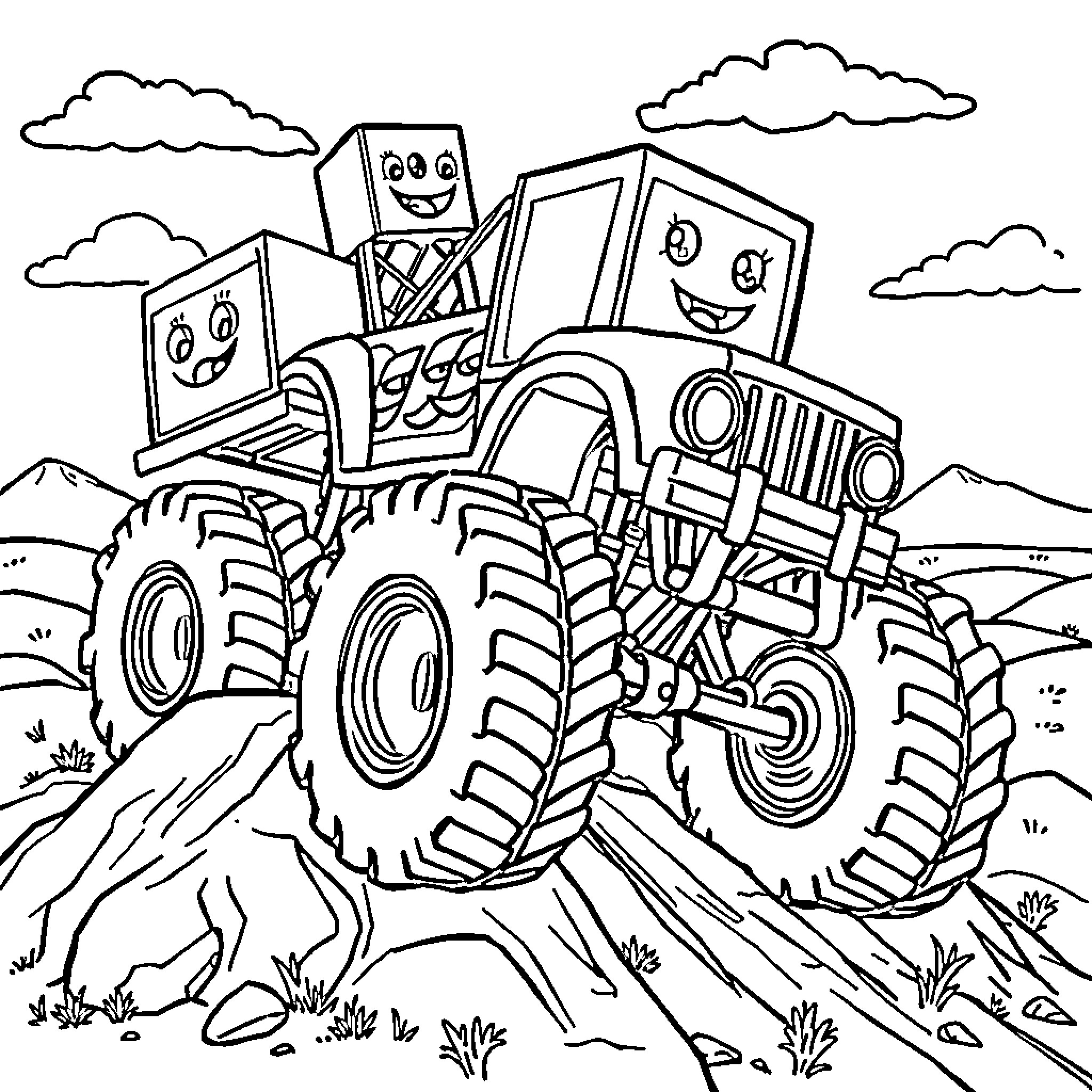 Number Block Monster Trucks in the Countryside Coloring Page (free black-and-white line drawing printable PDF for all, from beginners to advanced learners, including children, teens, adults, and seniors)