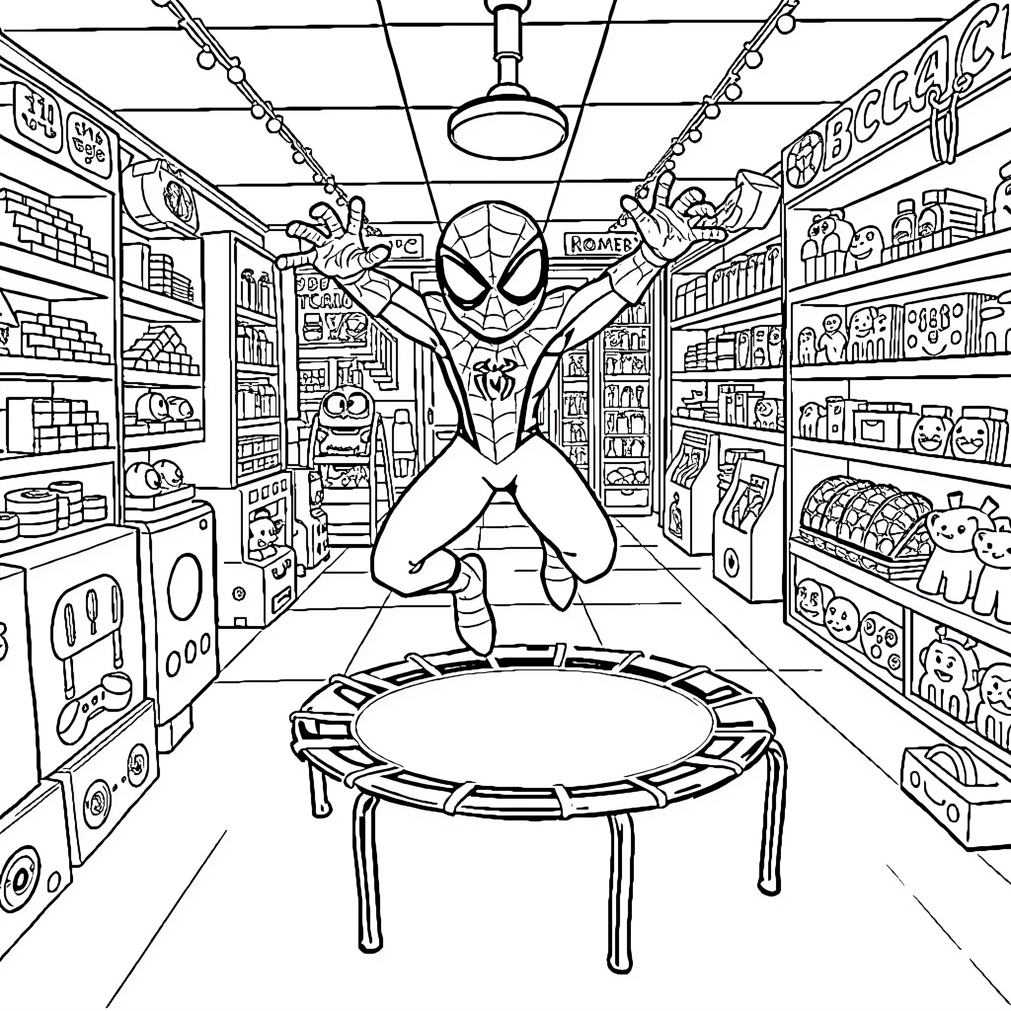 Spidey bouncing in a lively toy store Coloring Page (free black-and-white line drawing printable PDF for all, from beginners to advanced learners, including children, teens, adults, and seniors)