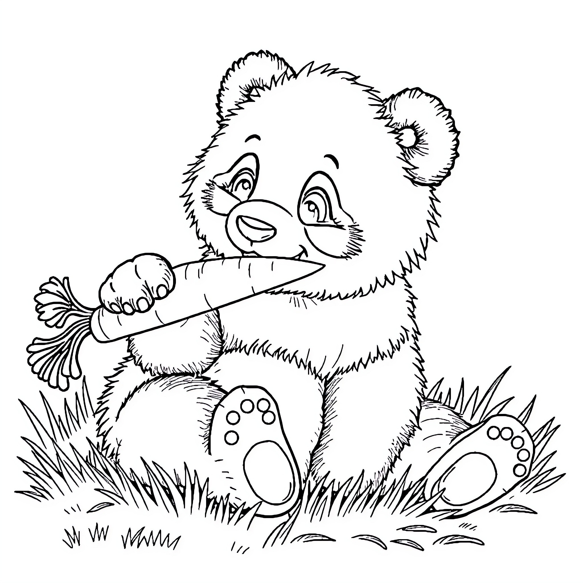 Panda enjoying a carrot snack in the grass Coloring Page (free black-and-white line drawing printable PDF for all, from beginners to advanced learners, including children, teens, adults, and seniors)