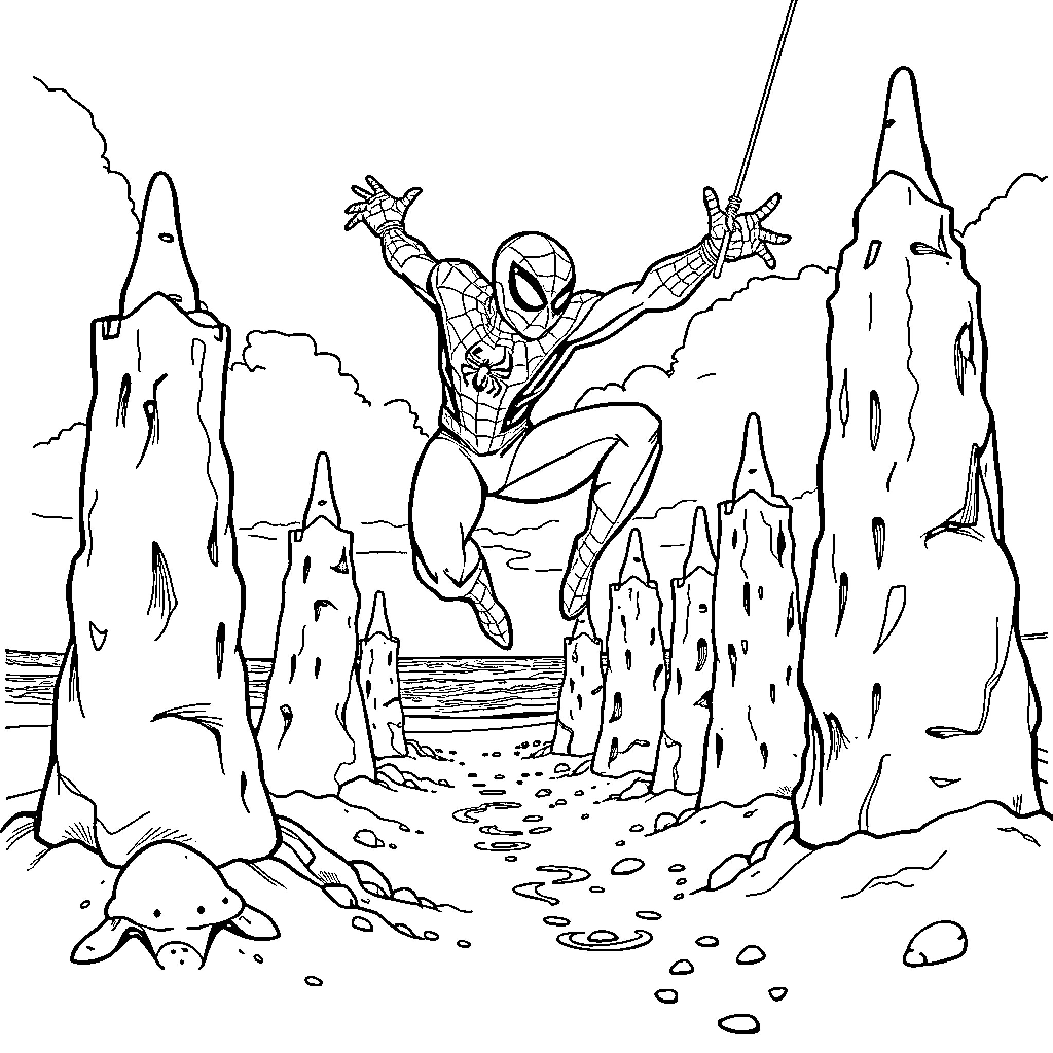 Spiderman jumping mid-air amidst tall rock formations Coloring Page (free black-and-white line drawing printable PDF for all, from beginners to advanced learners, including children, teens, adults, and seniors)