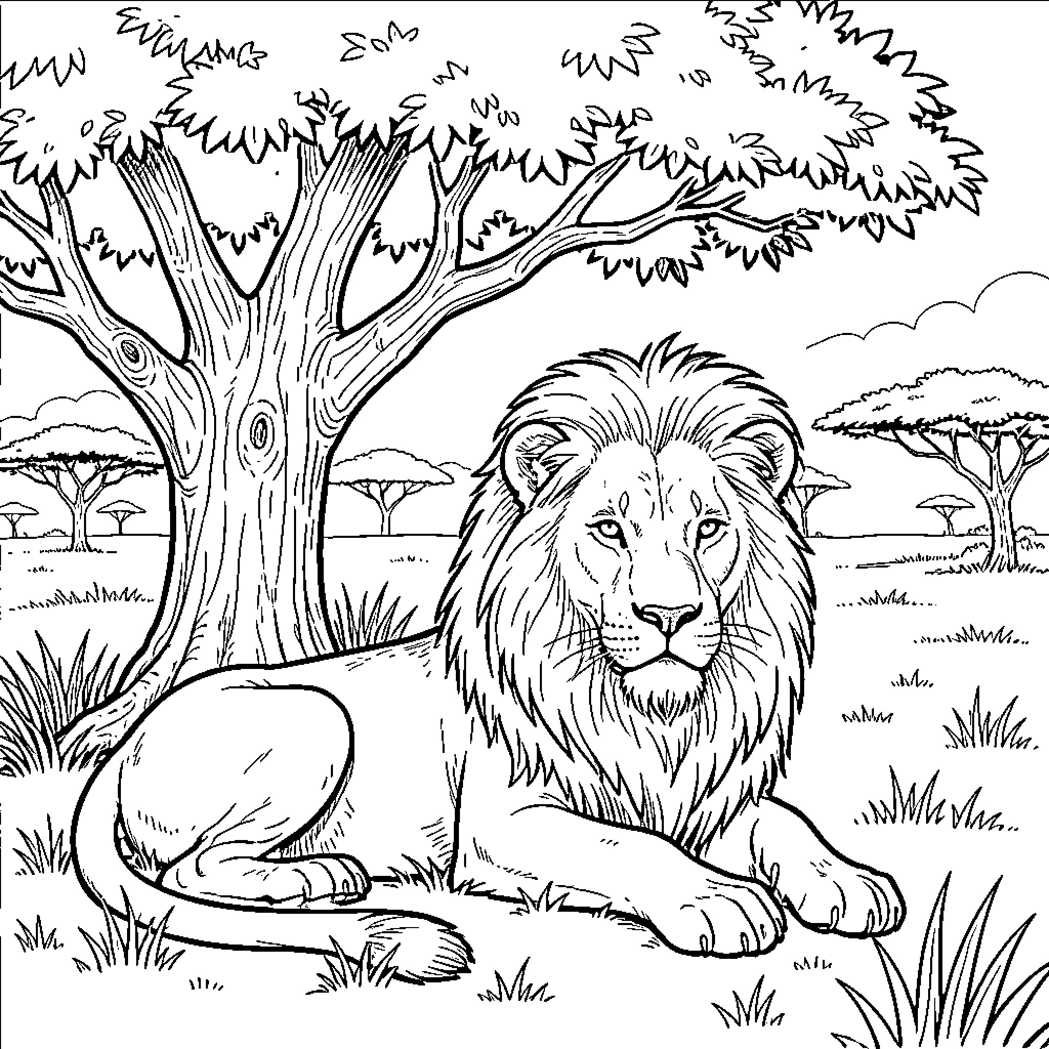 Lion resting calmly in a serene savanna landscape Coloring Page (free black-and-white line drawing printable PDF for all, from beginners to advanced learners, including children, teens, adults, and seniors)