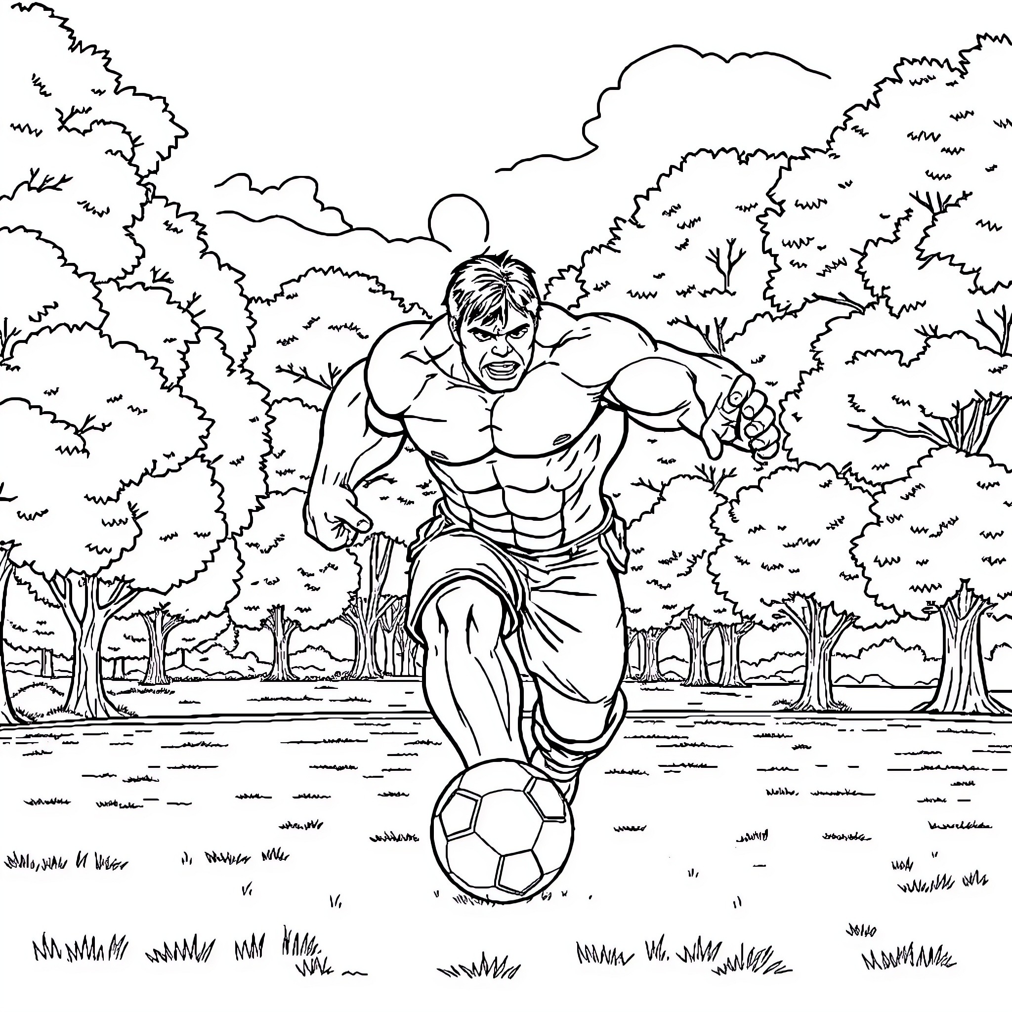 Hulk playing soccer in the forest Coloring Page (free black-and-white line drawing printable PDF for all, from beginners to advanced learners, including children, teens, adults, and seniors)