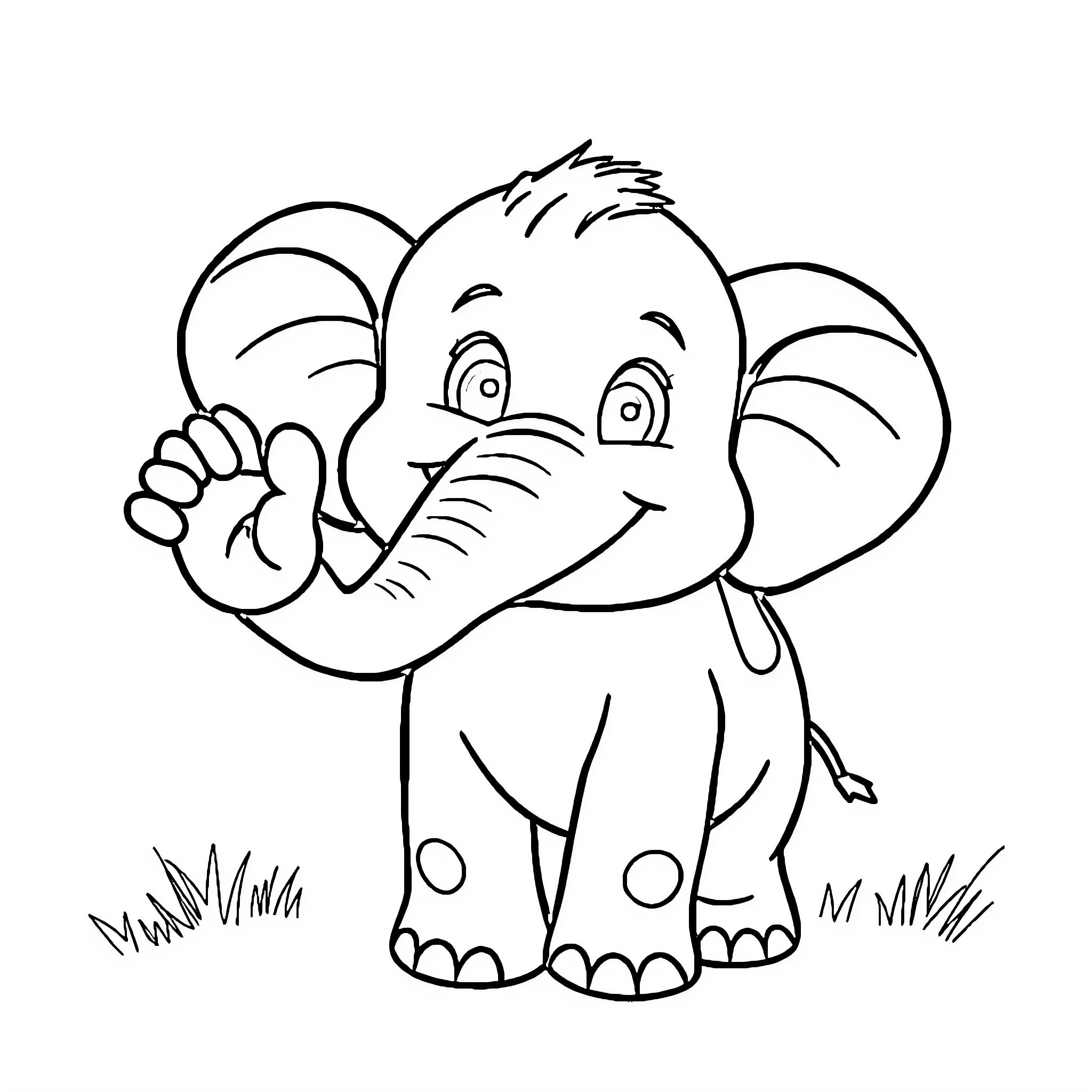 Elephant playing and smiling happily Coloring Page (free black-and-white line drawing printable PDF for all, from beginners to advanced learners, including children, teens, adults, and seniors)