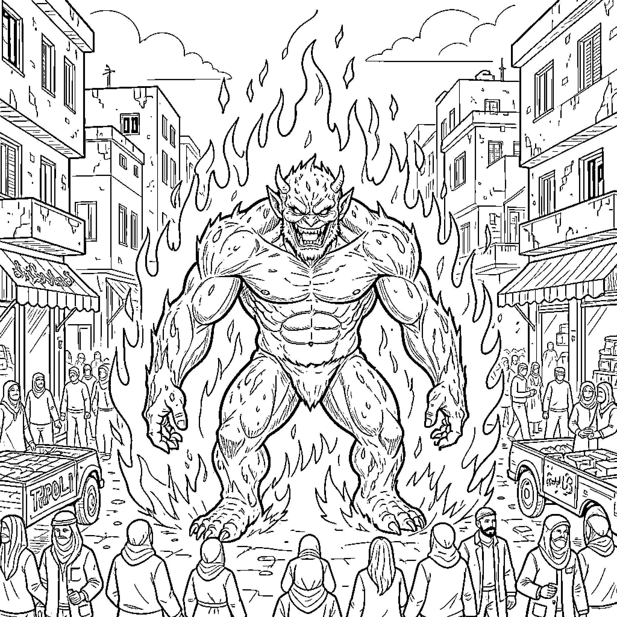 Monster emerging from flames in a crowded city street Coloring Page (free black-and-white line drawing printable PDF for all, from beginners to advanced learners, including children, teens, adults, and seniors)