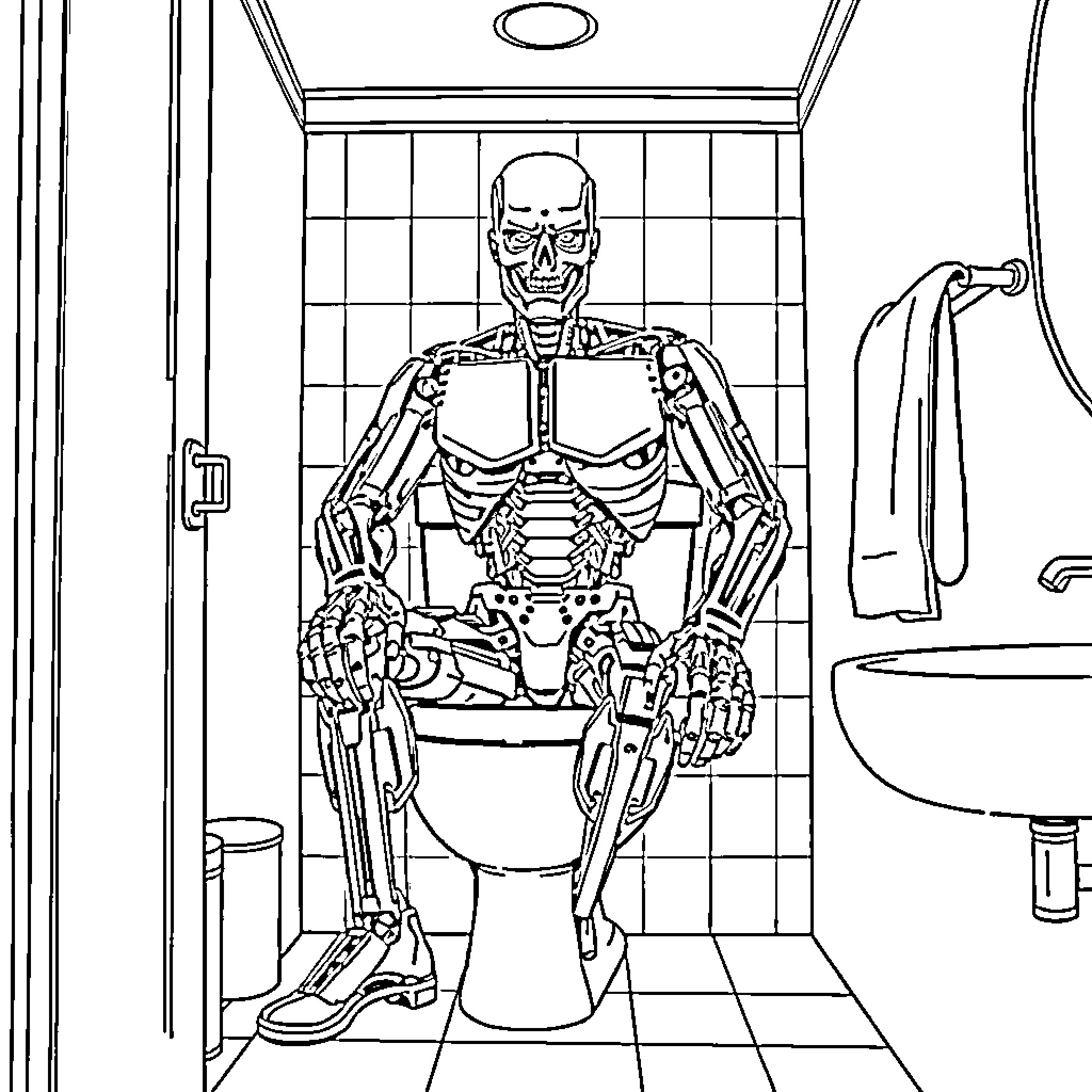 Terminator Skeleton in Bathroom Coloring Page (free black-and-white line drawing printable PDF for all, from beginners to advanced learners, including children, teens, adults, and seniors)