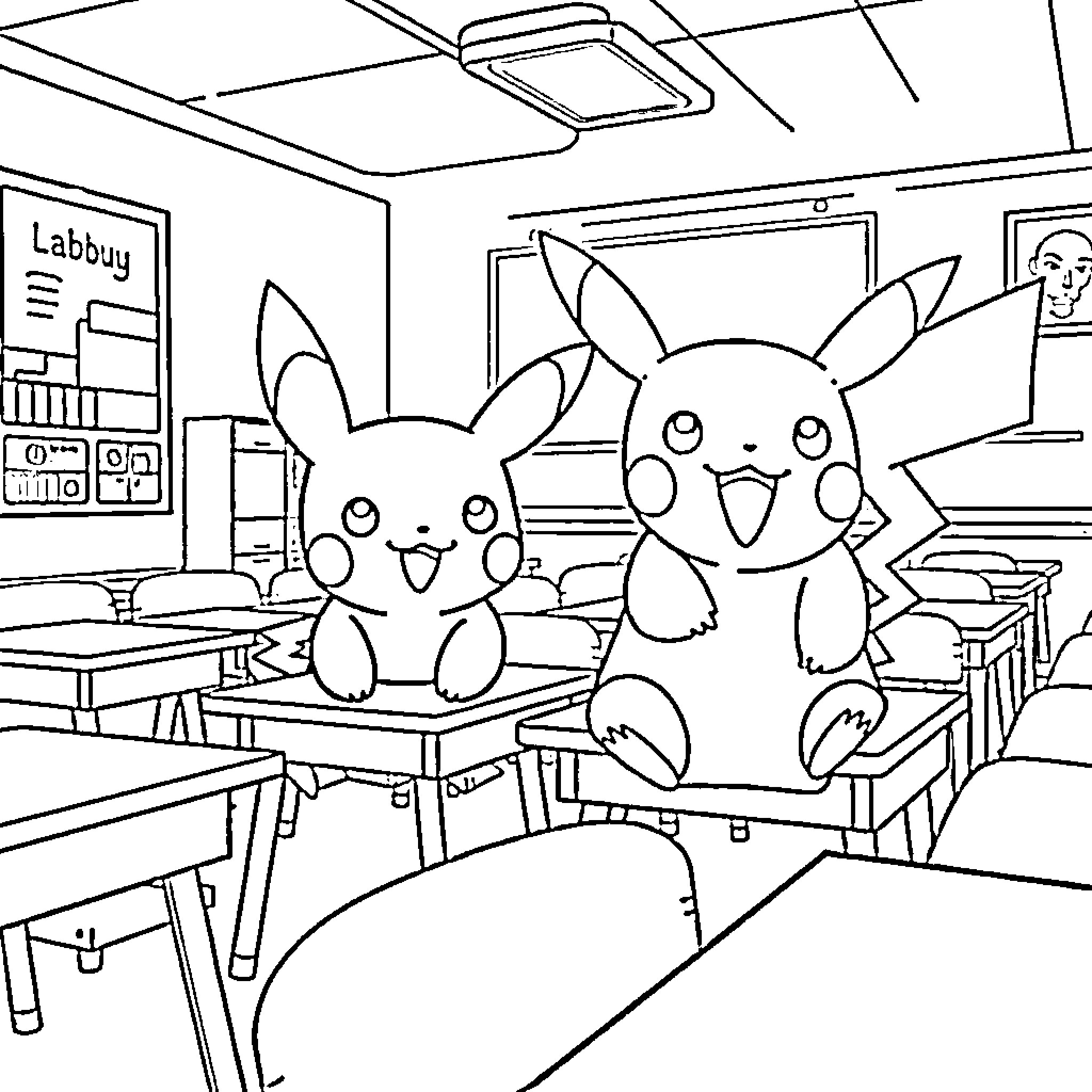 Labubu Pikachu's Playful Class Coloring Page (free black-and-white line drawing printable PDF for all, from beginners to advanced learners, including children, teens, adults, and seniors)