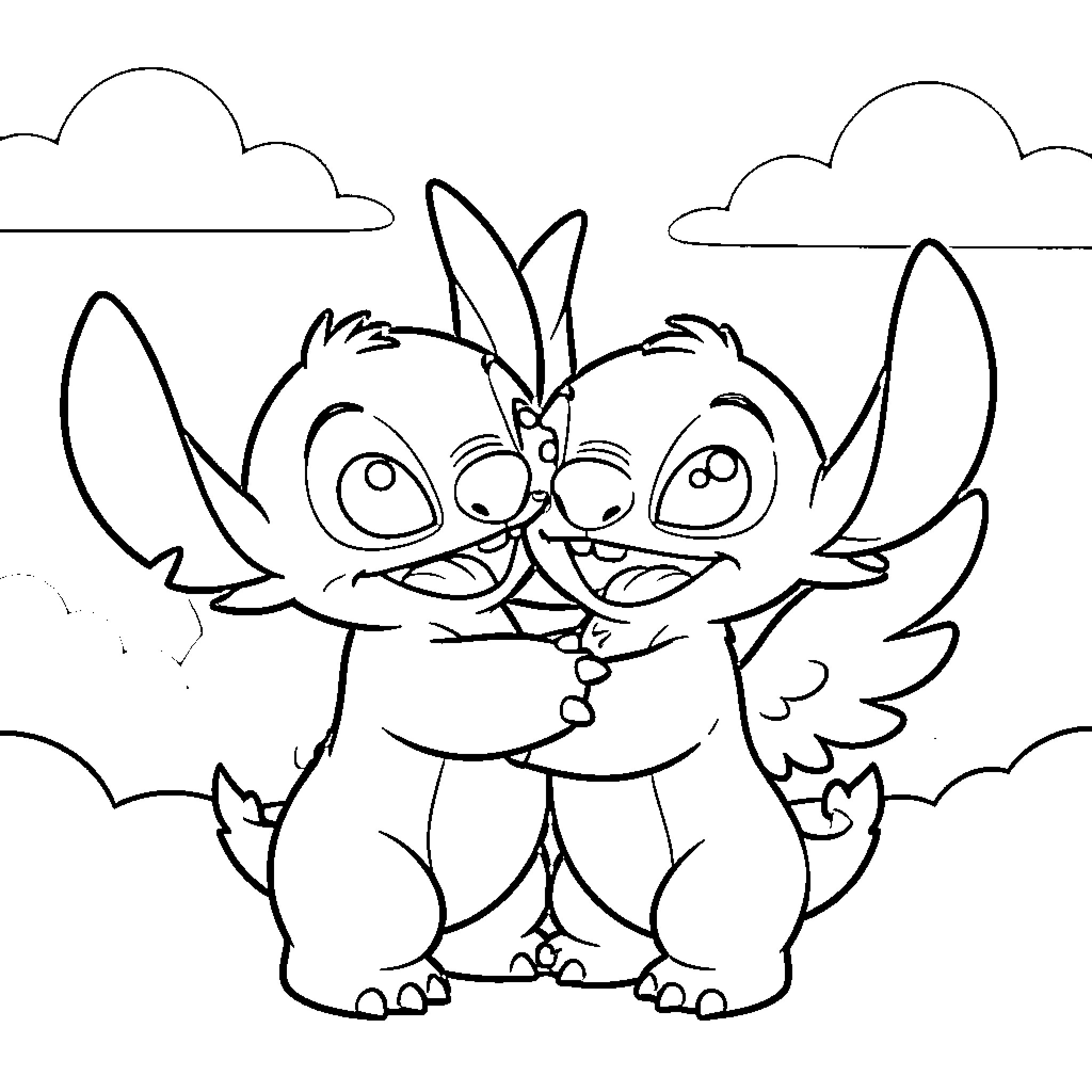 Stitch posing joyfully in the clouds Coloring Page (free black-and-white line drawing printable PDF for all, from beginners to advanced learners, including children, teens, adults, and seniors)