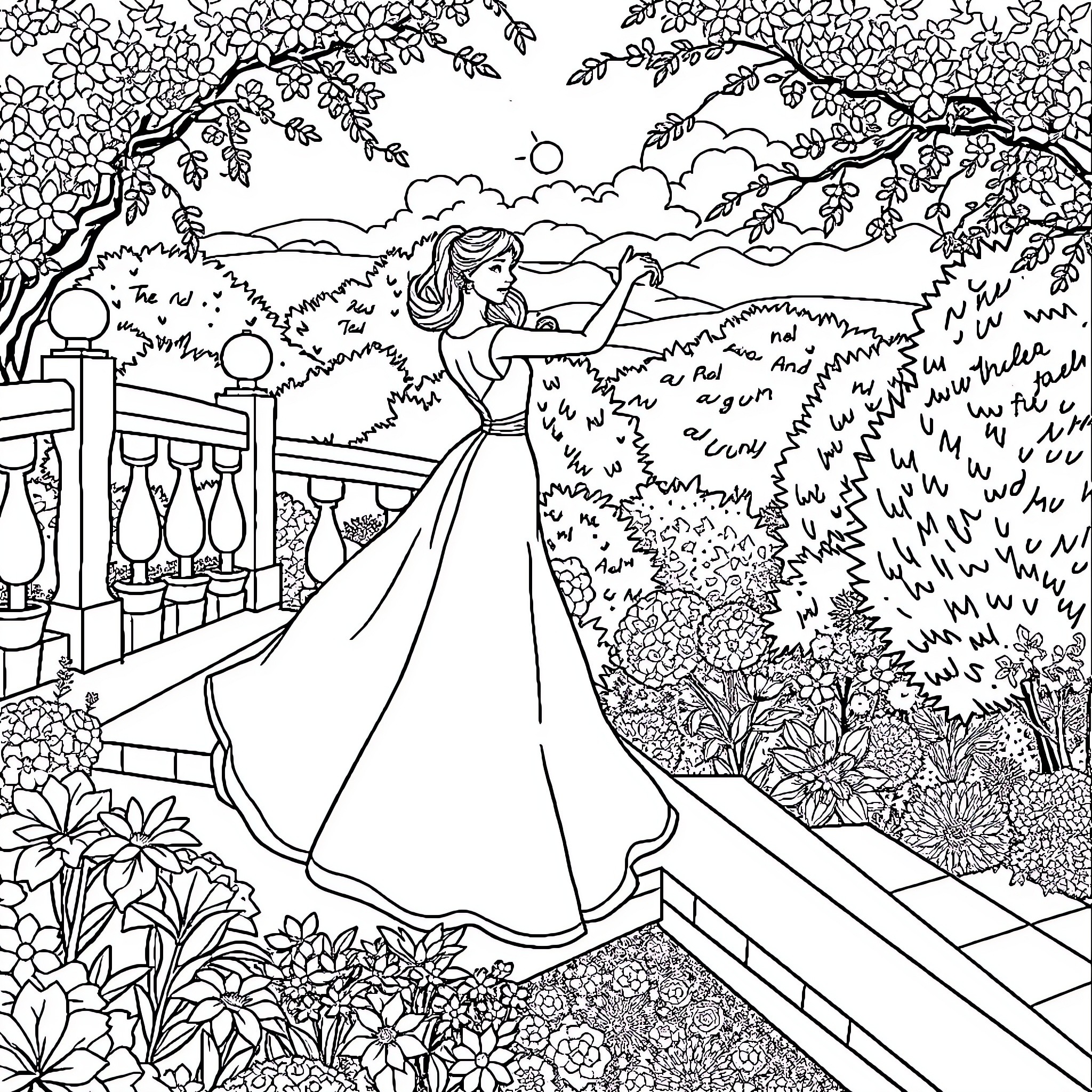 Princess Admiring the Scenic Garden View Coloring Page (free black-and-white line drawing printable PDF for all, from beginners to advanced learners, including children, teens, adults, and seniors)
