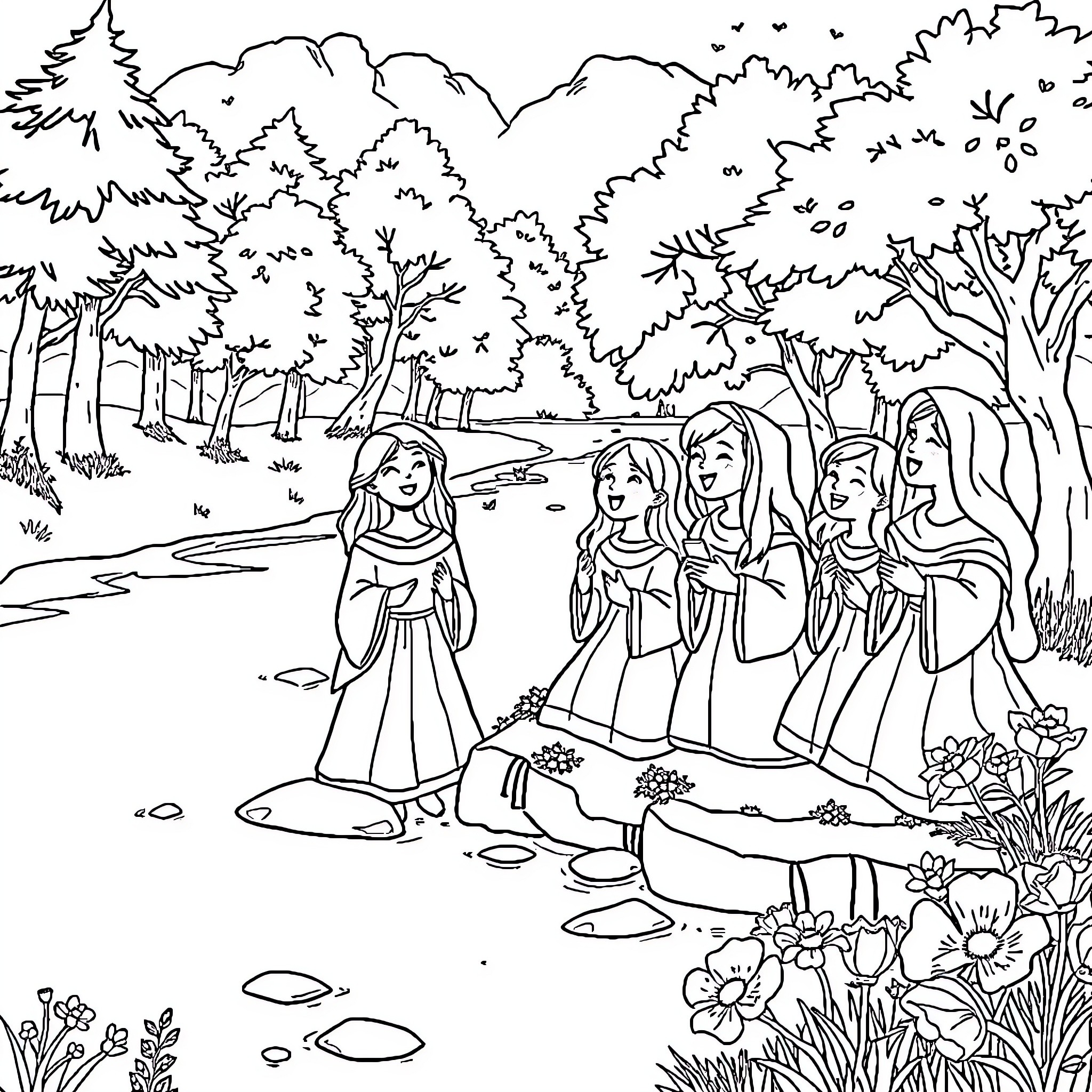 Snow White Walks Through the Forest with Her Friends Coloring Page (free black-and-white line drawing printable PDF for all, from beginners to advanced learners, including children, teens, adults, and seniors)