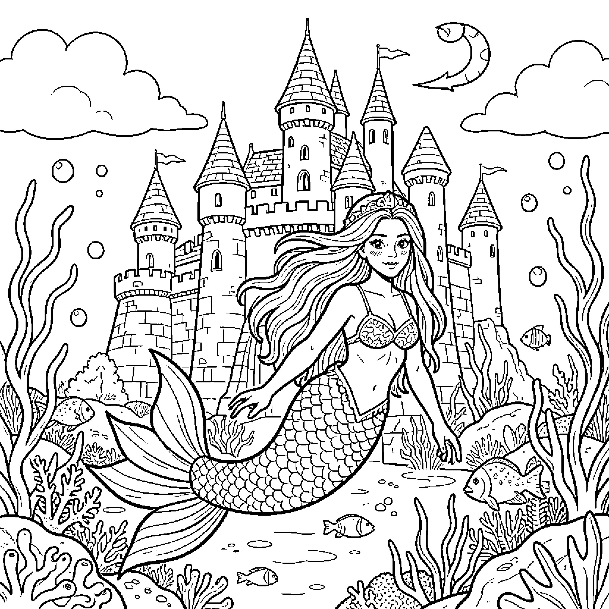 Mermaid swimming near enchanting underwater castle Coloring Page (free black-and-white line drawing printable PDF for all, from beginners to advanced learners, including children, teens, adults, and seniors)