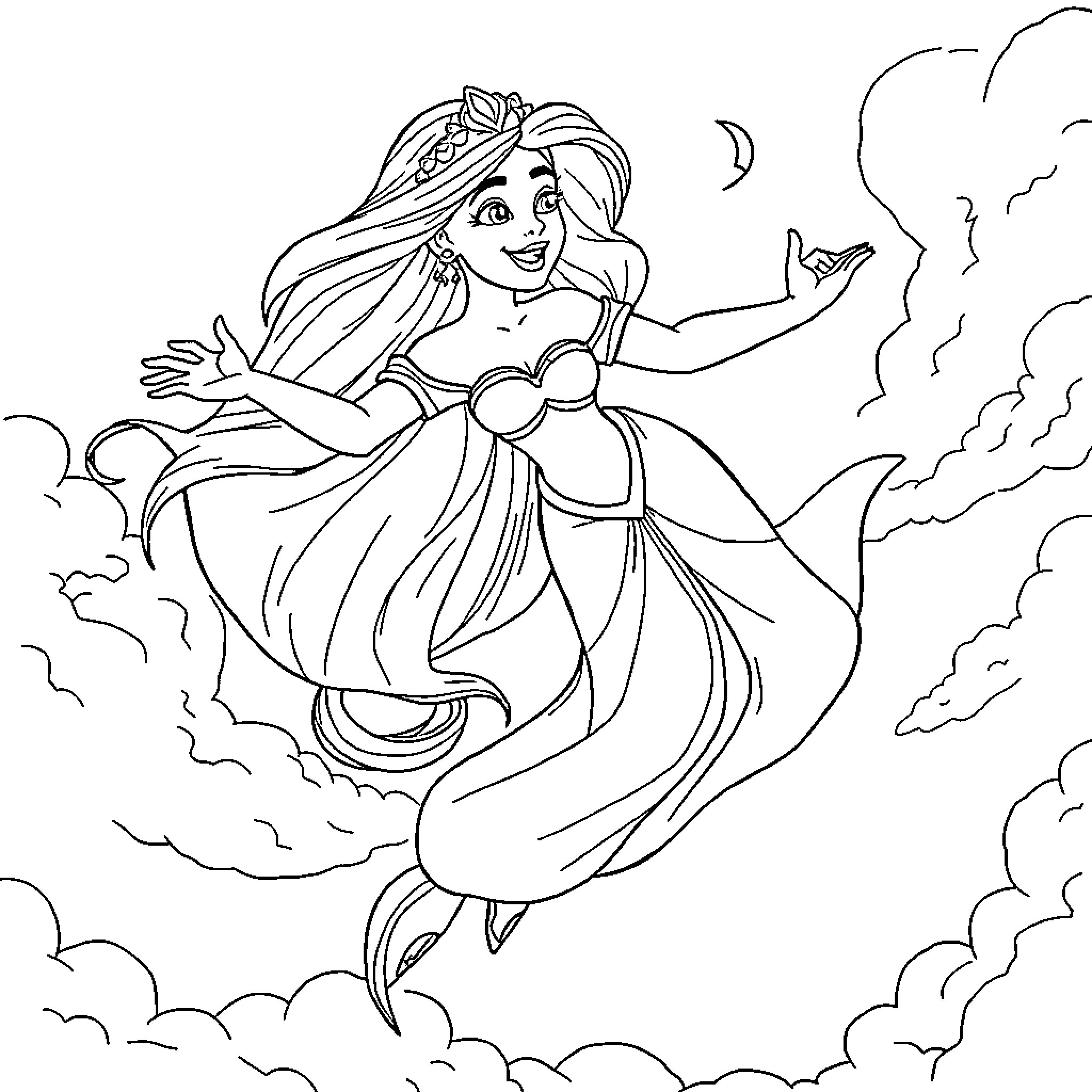 Princess Jasmine floating gracefully among the clouds Coloring Page (free black-and-white line drawing printable PDF for all, from beginners to advanced learners, including children, teens, adults, and seniors)