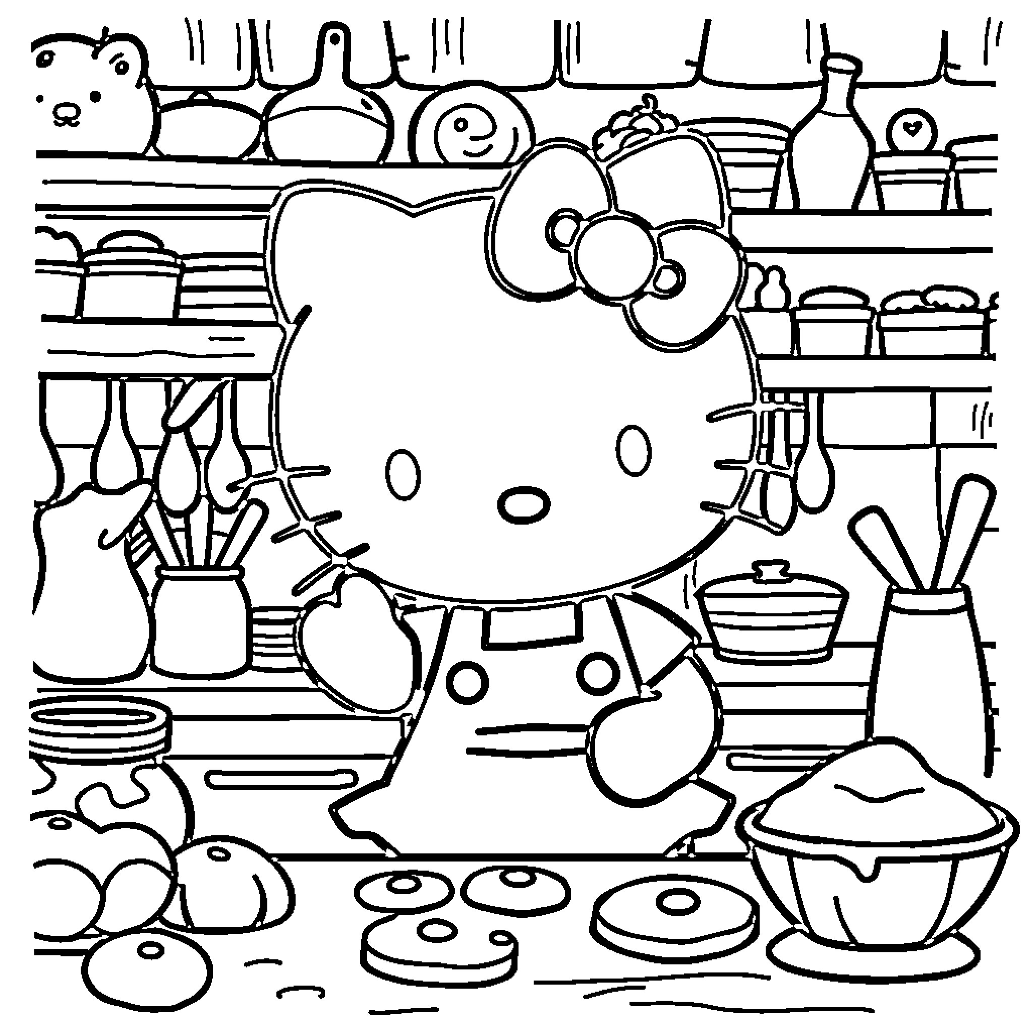 Hello Kitty Baking Treats in the Kitchen Coloring Page (free black-and-white line drawing printable PDF for all, from beginners to advanced learners, including children, teens, adults, and seniors)