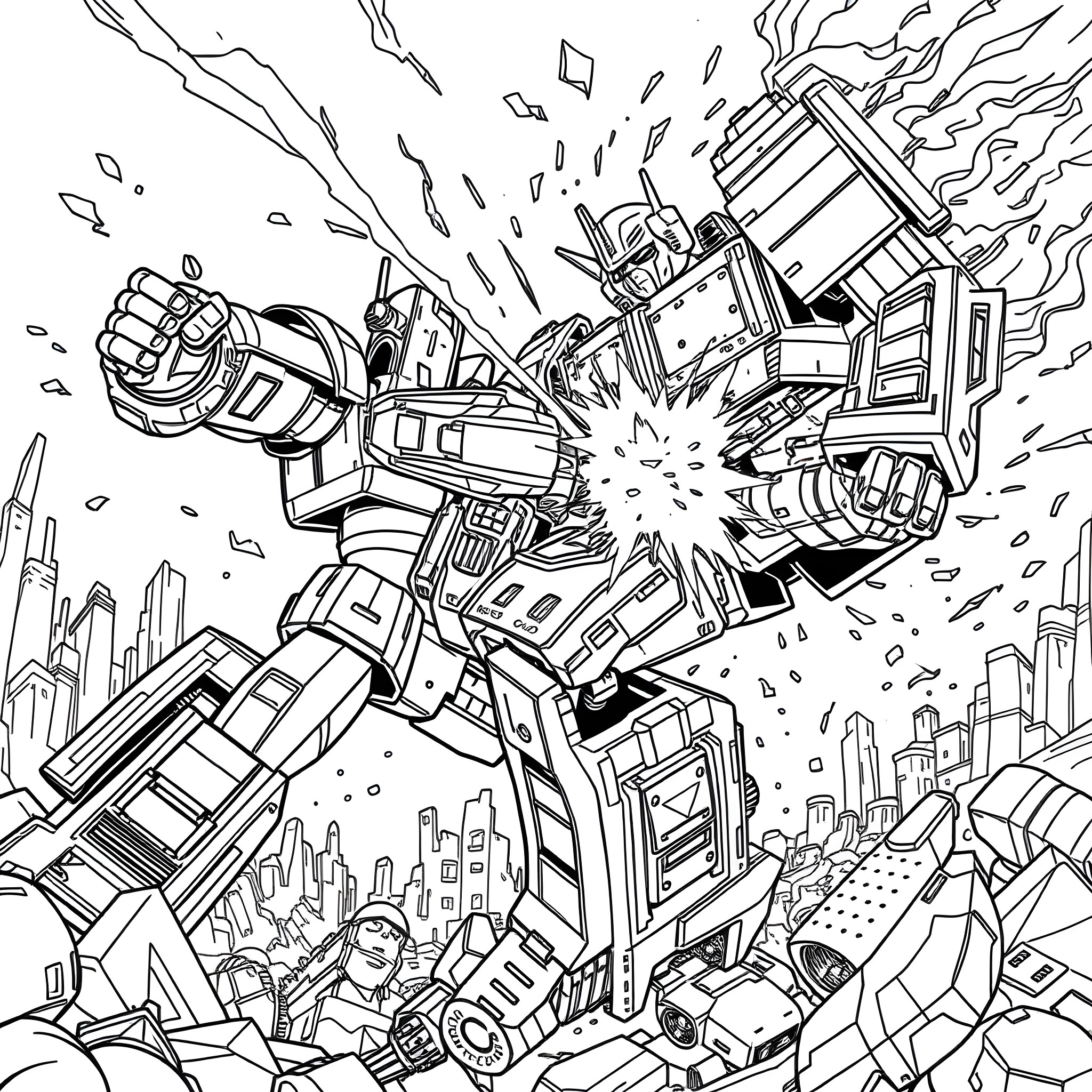 Optimus Prime Transforming into Action Mode Coloring Page (free black-and-white line drawing printable PDF for all, from beginners to advanced learners, including children, teens, adults, and seniors)