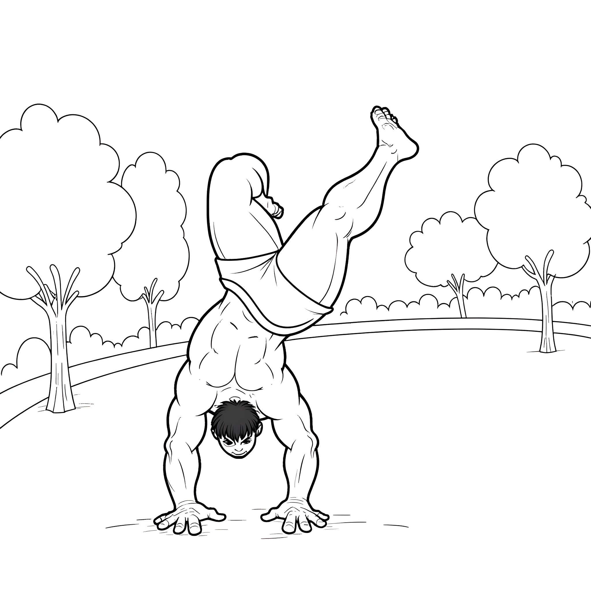 Hulk doing handstand in the park Coloring Page (free black-and-white line drawing printable PDF for all, from beginners to advanced learners, including children, teens, adults, and seniors)