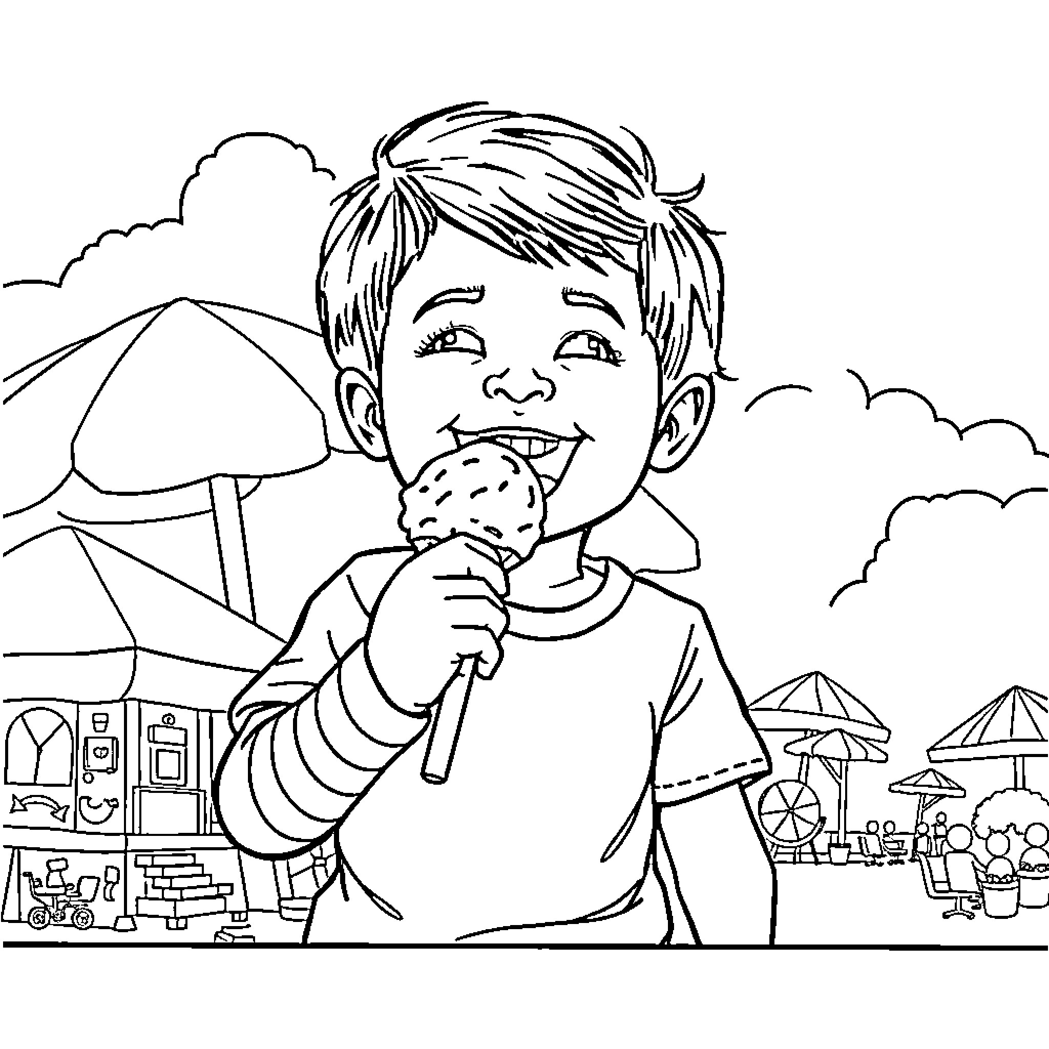 Child enjoying ice cream at the carnival Coloring Page (free black-and-white line drawing printable PDF for all, from beginners to advanced learners, including children, teens, adults, and seniors)
