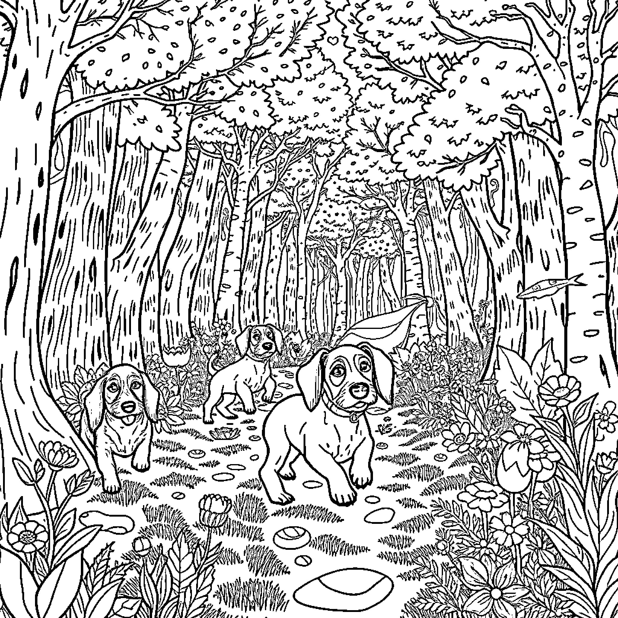 Wiener Dogs Exploring the Enchanted Forest Coloring Page (free black-and-white line drawing printable PDF for all, from beginners to advanced learners, including children, teens, adults, and seniors)