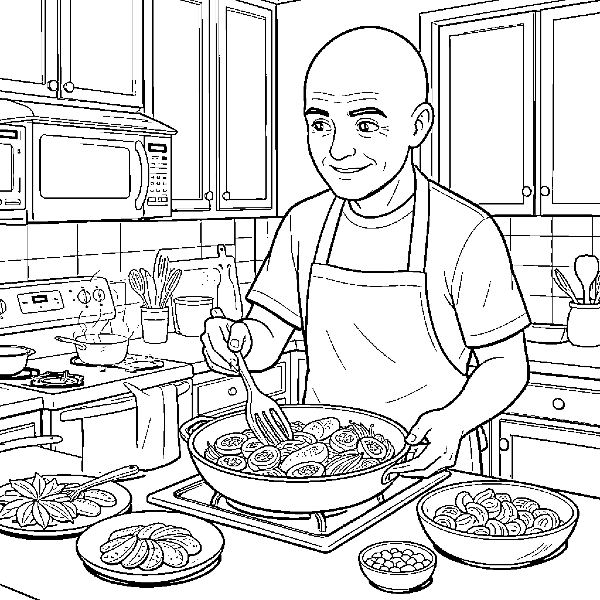 Cook Preparing Delicious Meal in Home Kitchen Coloring Page (free black-and-white line drawing printable PDF for all, from beginners to advanced learners, including children, teens, adults, and seniors)