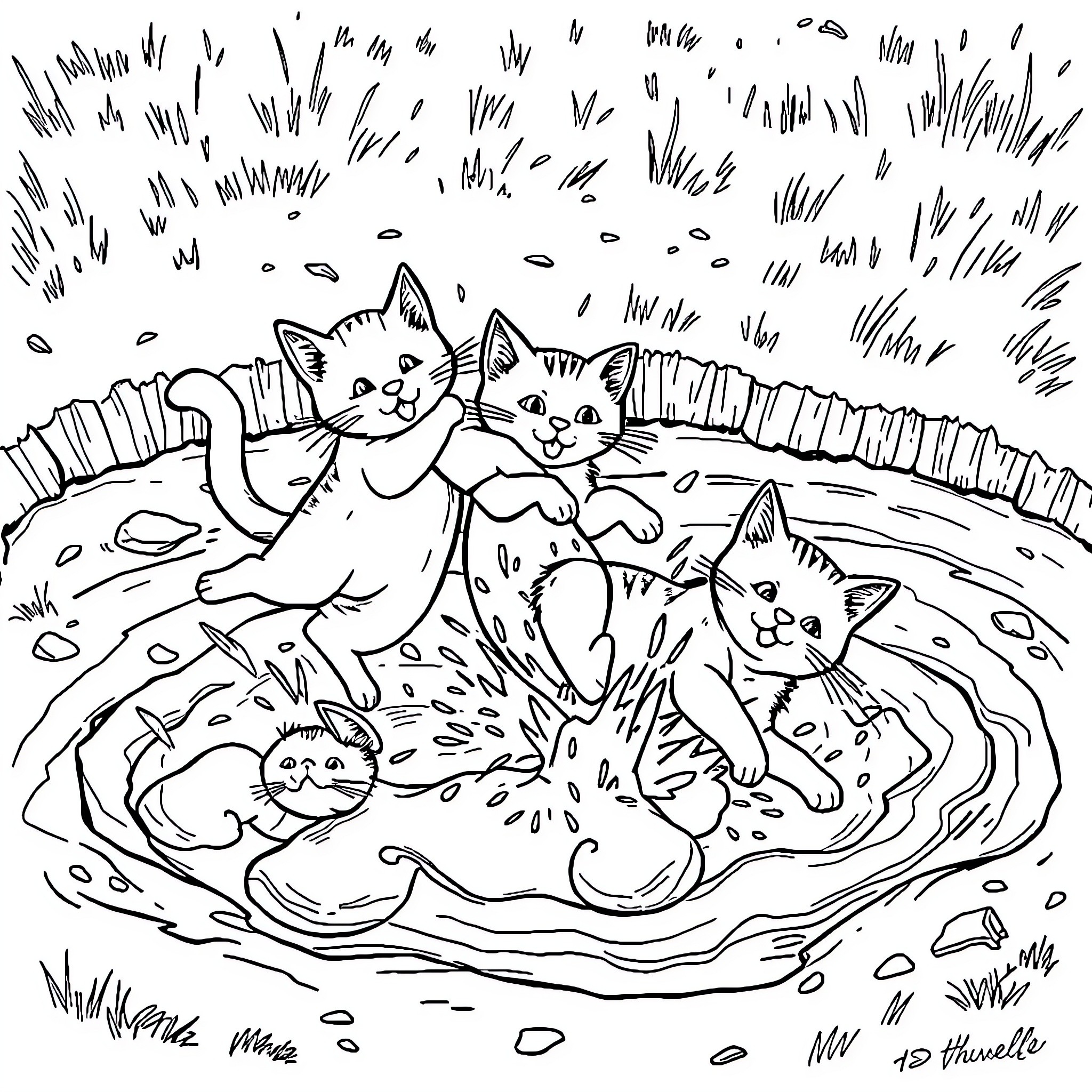 Cat Cats Playing in the Puddle Coloring Page (free black-and-white line drawing printable PDF for all, from beginners to advanced learners, including children, teens, adults, and seniors)
