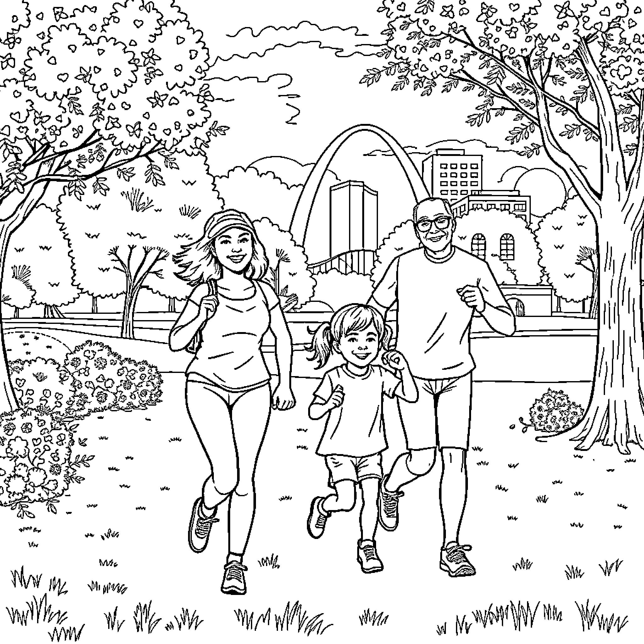 Family Enjoying Time Outdoors in the Park Coloring Page (free black-and-white line drawing printable PDF for all, from beginners to advanced learners, including children, teens, adults, and seniors)