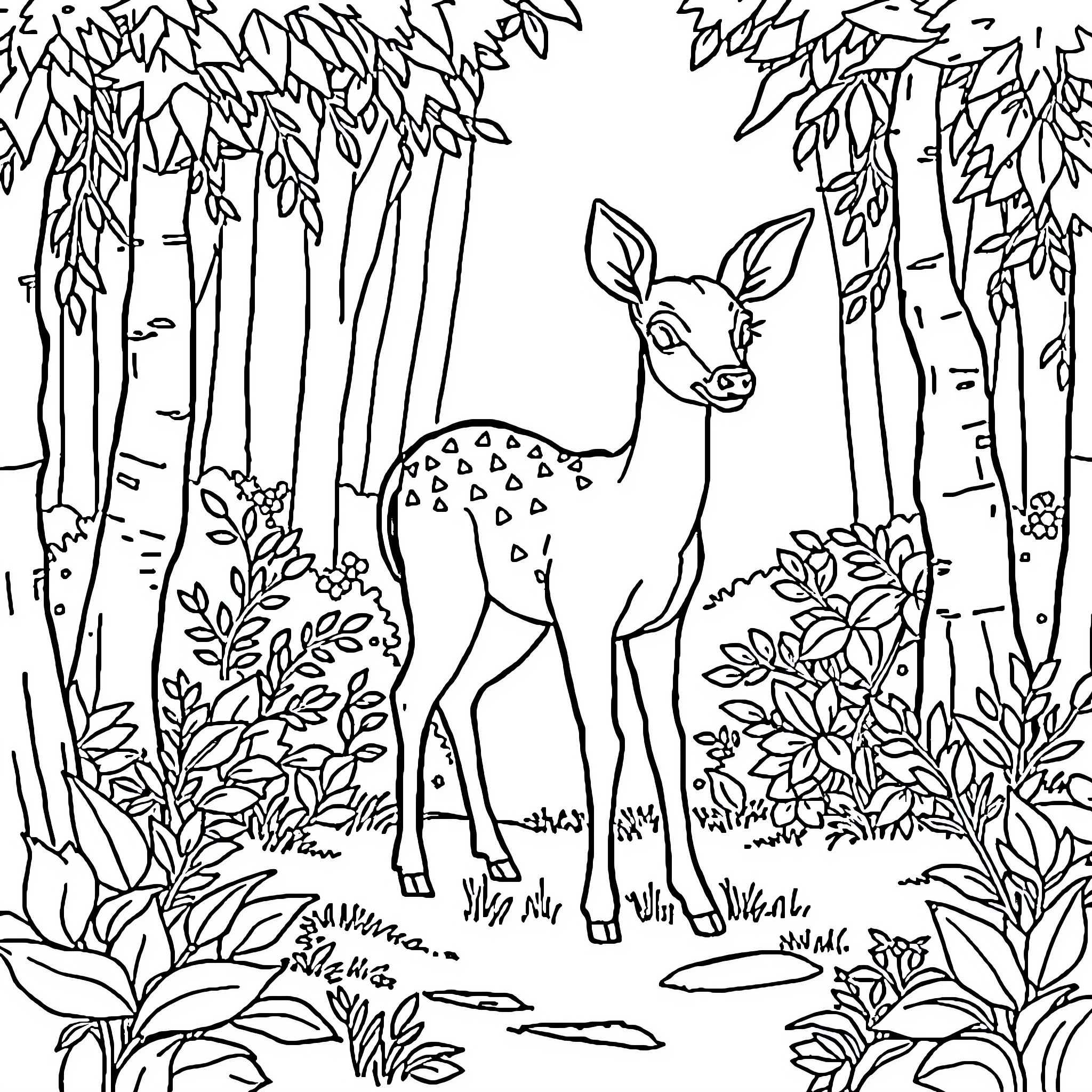 Kancil in a lush forest habitat Coloring Page (free black-and-white line drawing printable PDF for all, from beginners to advanced learners, including children, teens, adults, and seniors)