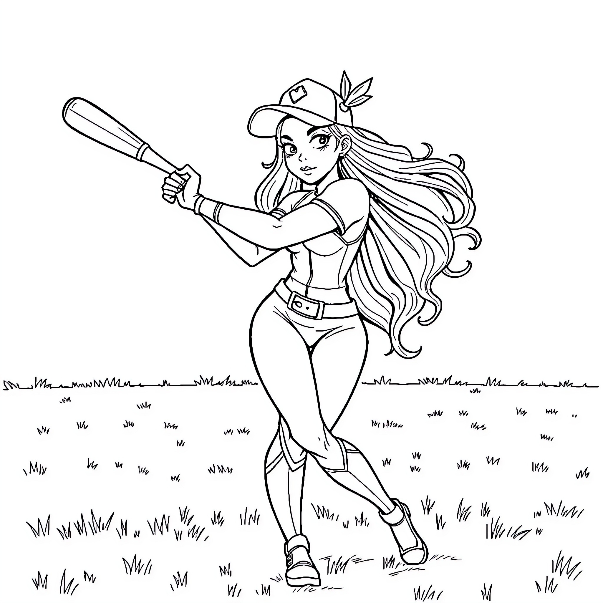 She-Ra fiercely wielding her sword in the field Coloring Page (free black-and-white line drawing printable PDF for all, from beginners to advanced learners, including children, teens, adults, and seniors)