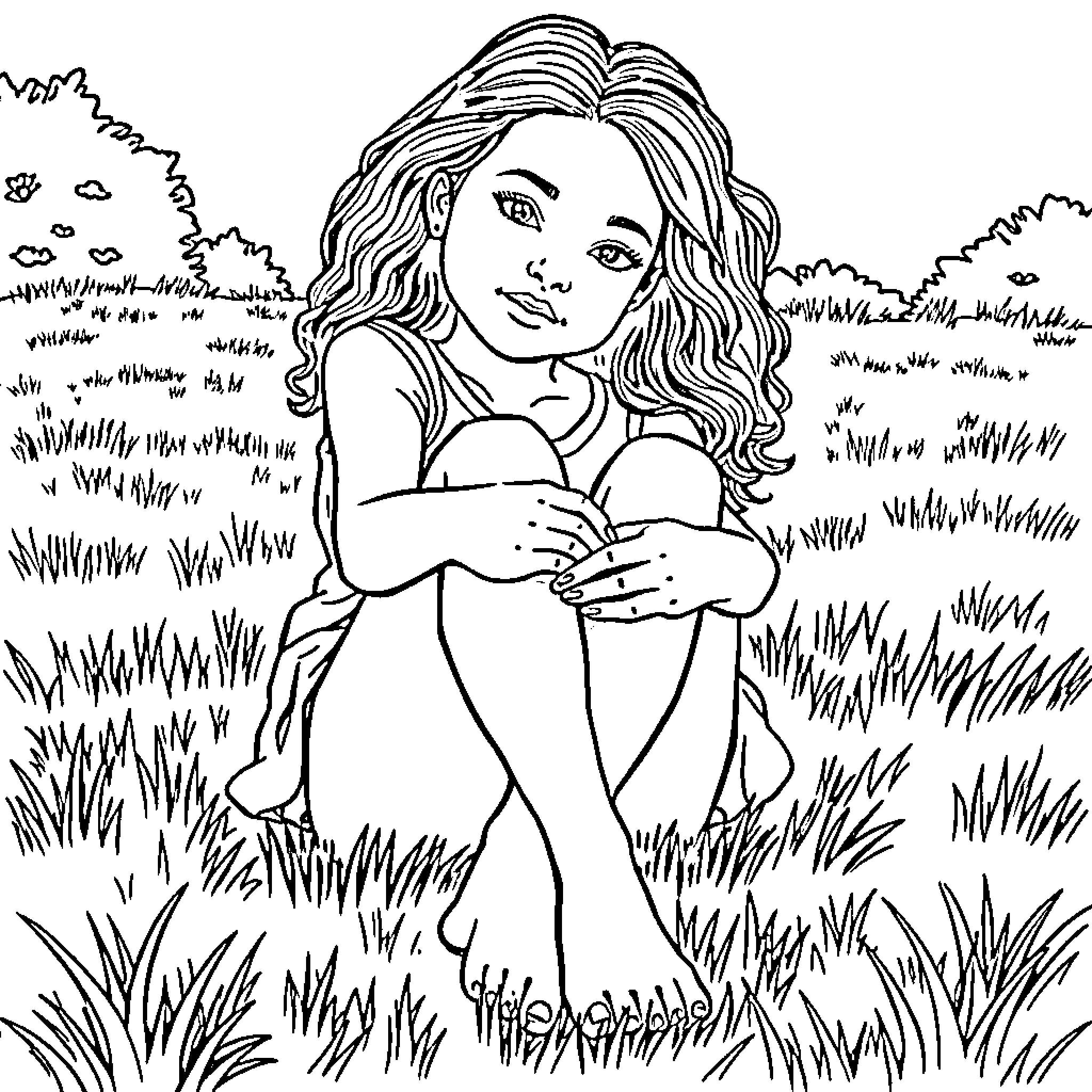 Girl resting peacefully in a grassy field Coloring Page (free black-and-white line drawing printable PDF for all, from beginners to advanced learners, including children, teens, adults, and seniors)