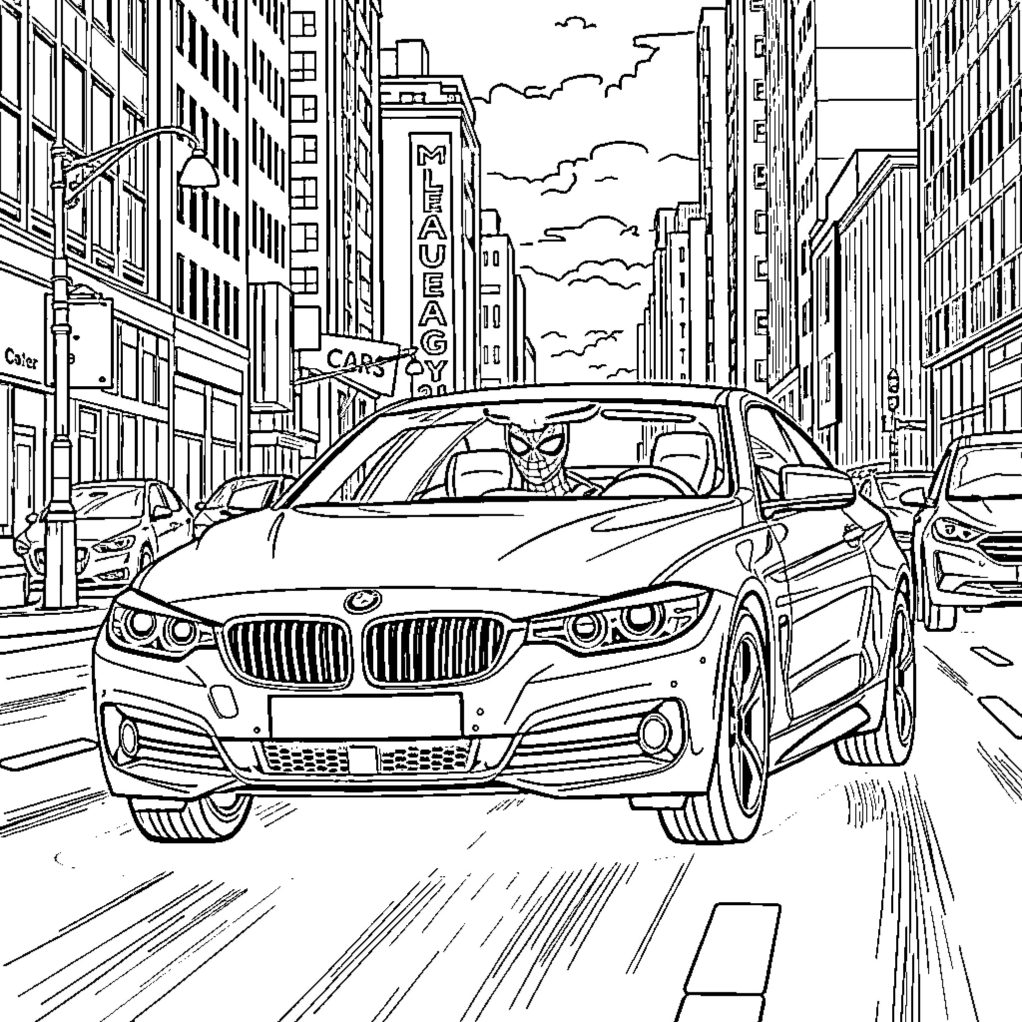 Spider-Man racing through the city in a sleek sports car Coloring Page (free black-and-white line drawing printable PDF for all, from beginners to advanced learners, including children, teens, adults, and seniors)